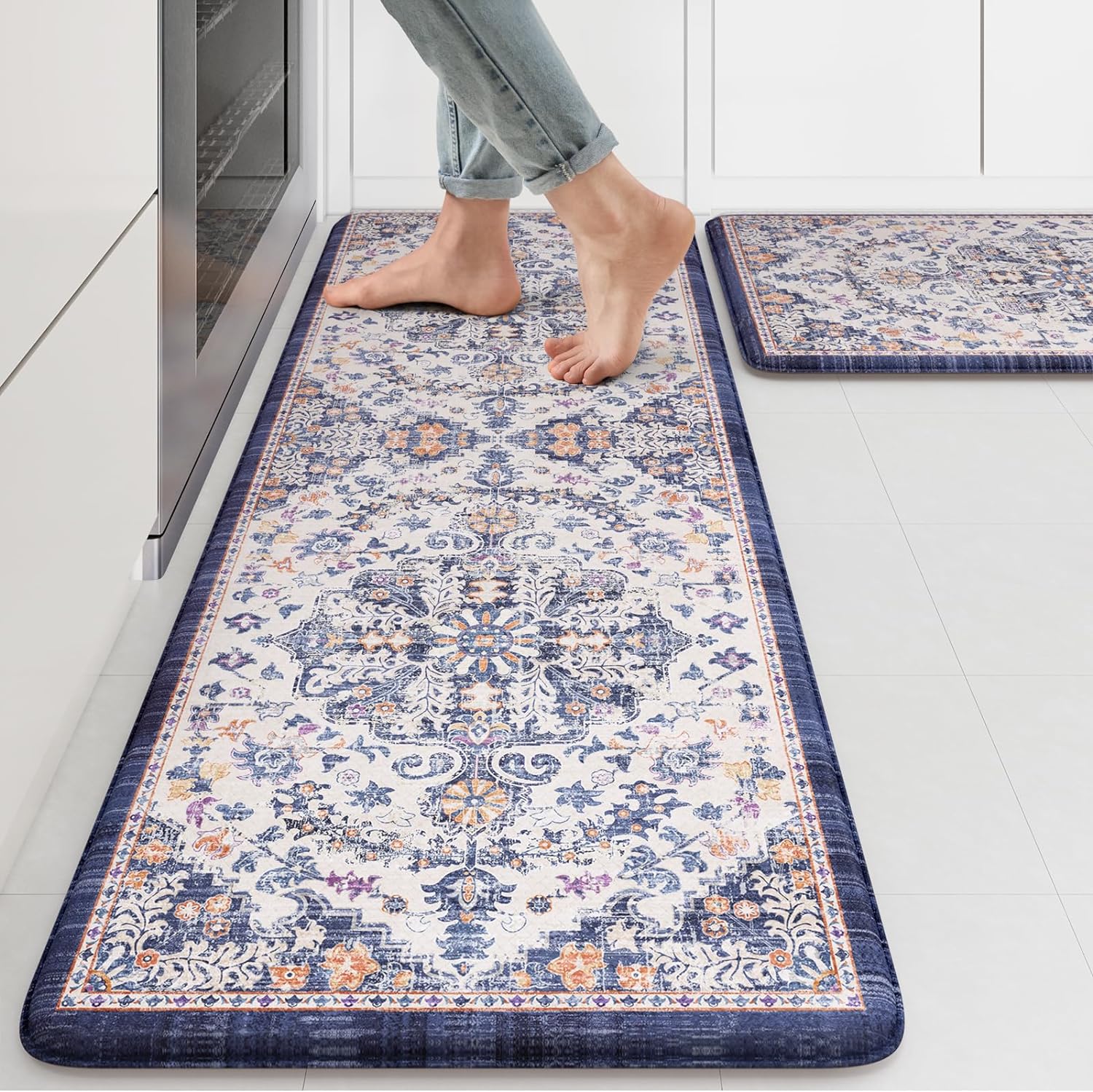 KIMODE Kitchen Mats for Floor, Boho Floral Blue Kitchen Rugs Sets of 2, Anti Fatigue Mats for Kitchen Floor, Cushioned Comfort Kitchen Floor Mats for Sink, Laundry, Desk,17"x47"+17"x29" 17.3" x 47"+17.3" x 29"--0.47 inches Blue Purple/Multi