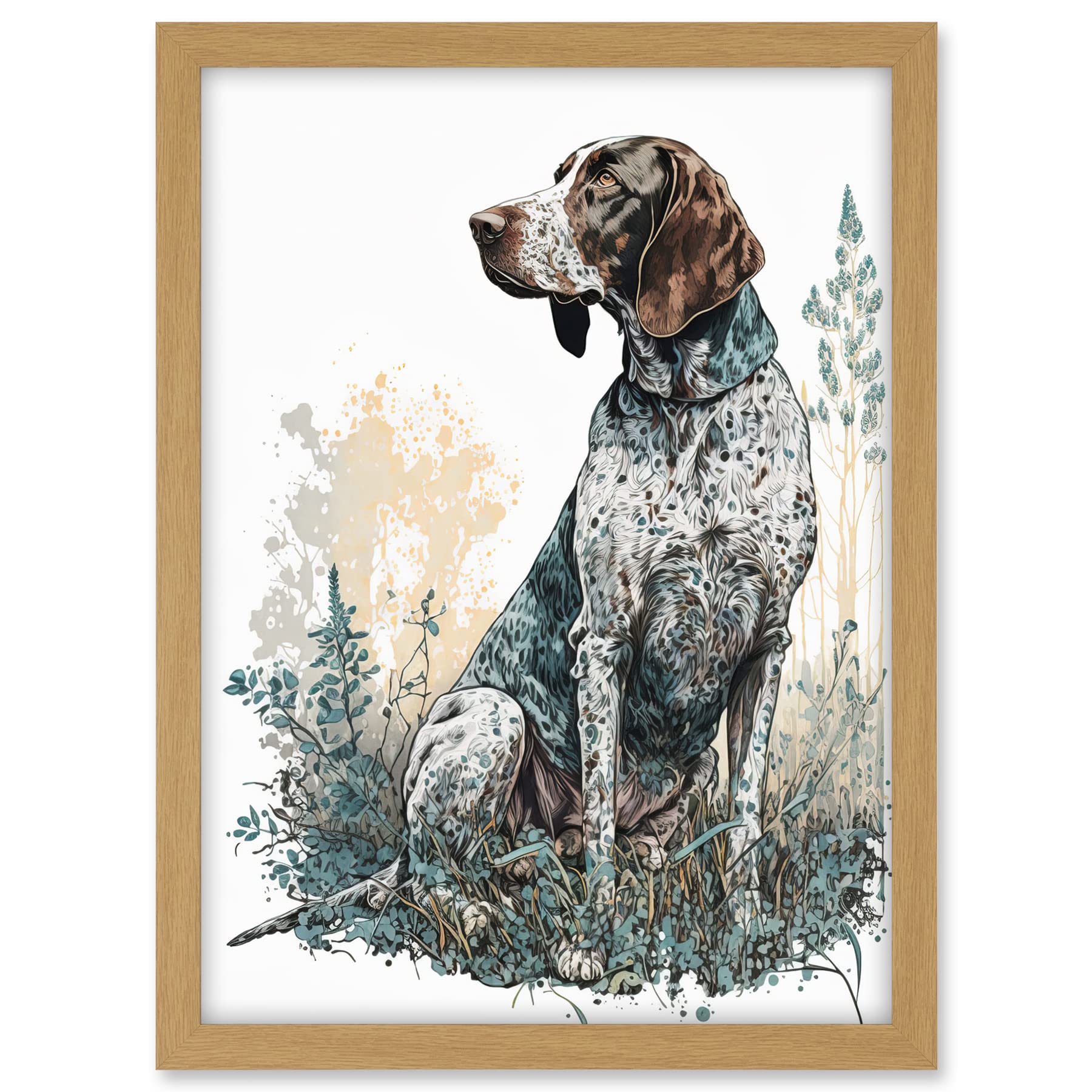 Artery8 German Pointer Dog Sitting in Field Modern Detailed Illustration Artwork Framed A3 Wall Art Print