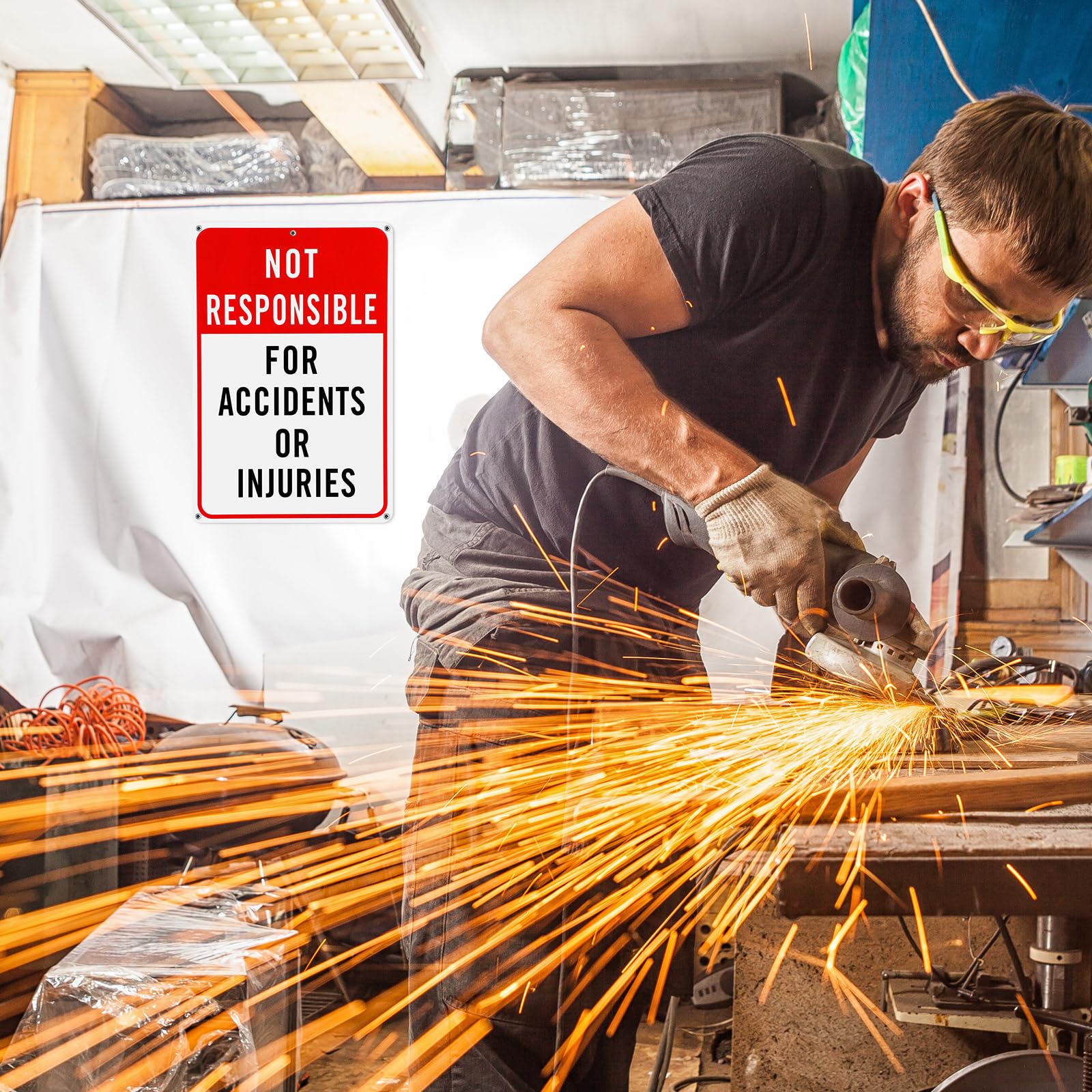 Confezione da 4 cartelli con scritta in inglese "Not Responsible for Accidents or Injuries", 30,5 x 20,3 cm, in alluminio, riflettenti, segnaletica di pericolo industriale per aree di costruzione