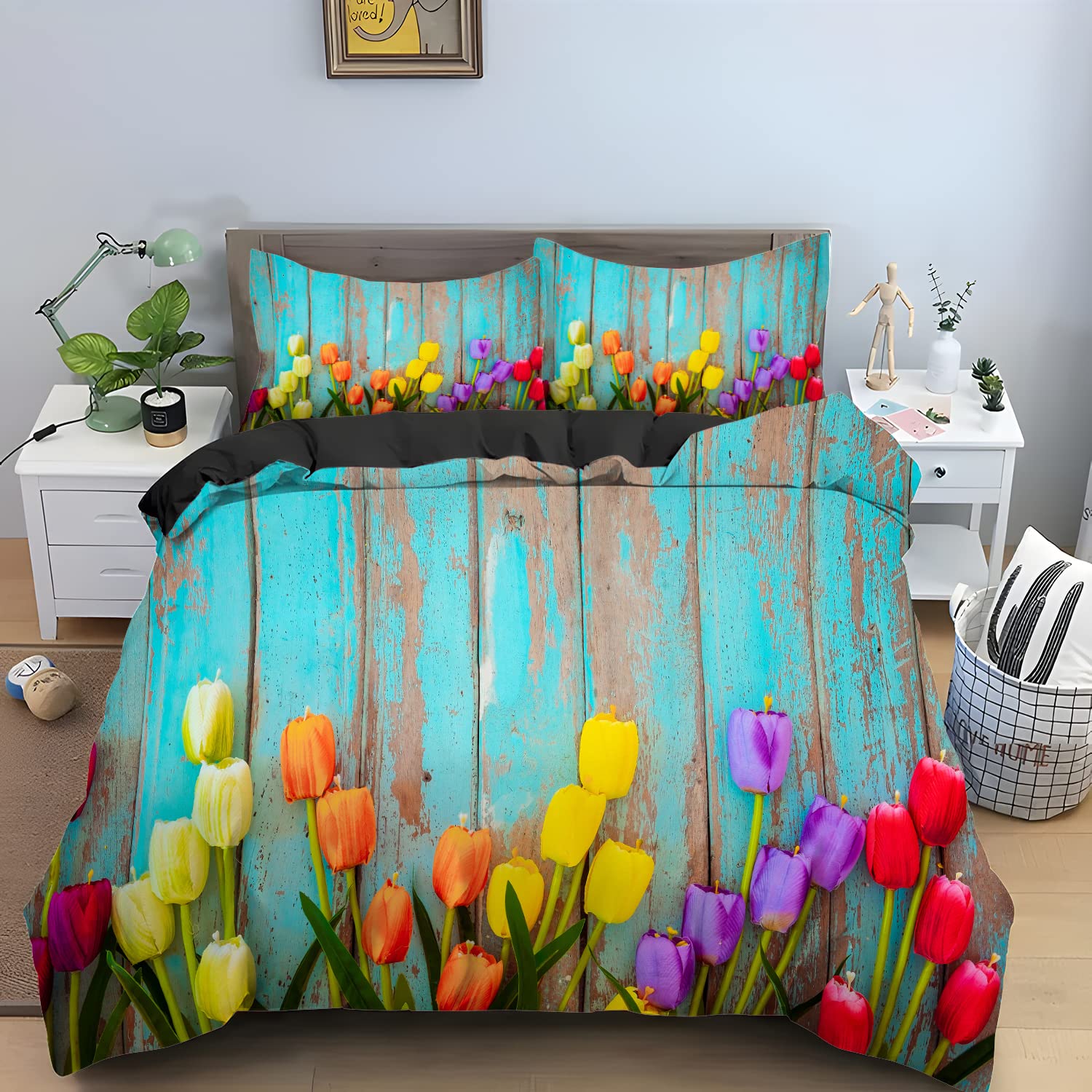 Pościel 220 x 240 cm, cyjan tulipan, 110 g/m², mikrofibra z zamkiem błyskawicznym, łatwa w pielęgnacji, oddychająca pościel + 2 poszewki na poduszki 80 x 80 cm