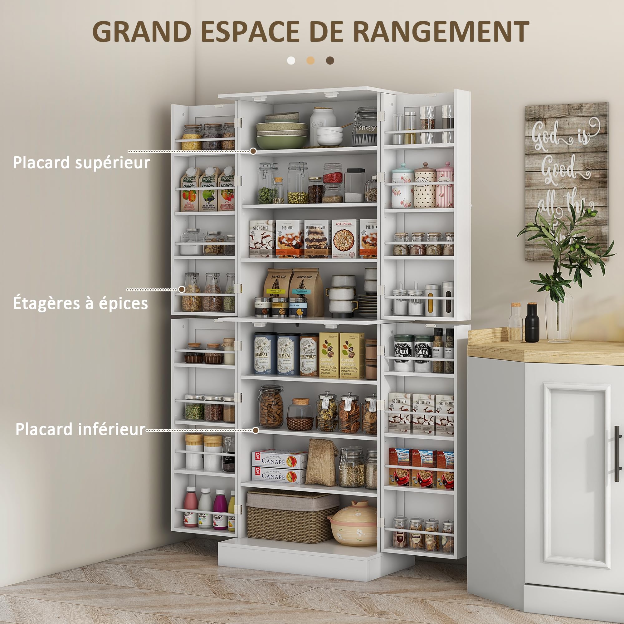 HOMCOM Küchenschrank, Sideboard, Küche, Geschirr, Aufbewahrungsschrank, moderner Stil, mit Schränken, verstellbarem Regal und Gewürzhalter, für Esszimmer, Wohnzimmer, 60 x 35 x 166 cm, Weiß