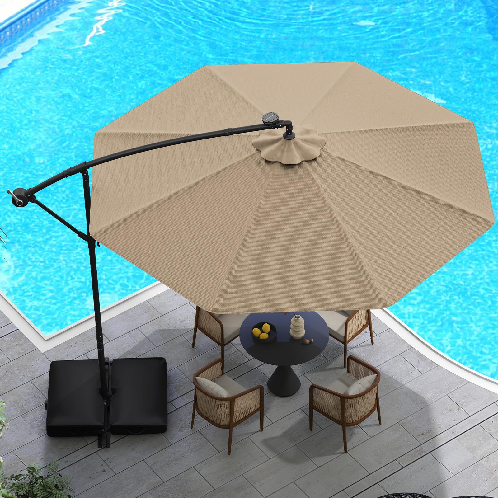 COSTWAY Parasol przeciwsłoneczny 300 cm ze stojakiem i diodami LED, z korbą, parasol ogrodowy, ochrona przed promieniowaniem UV, parasol na taras, do ogrodu, na basen, taras