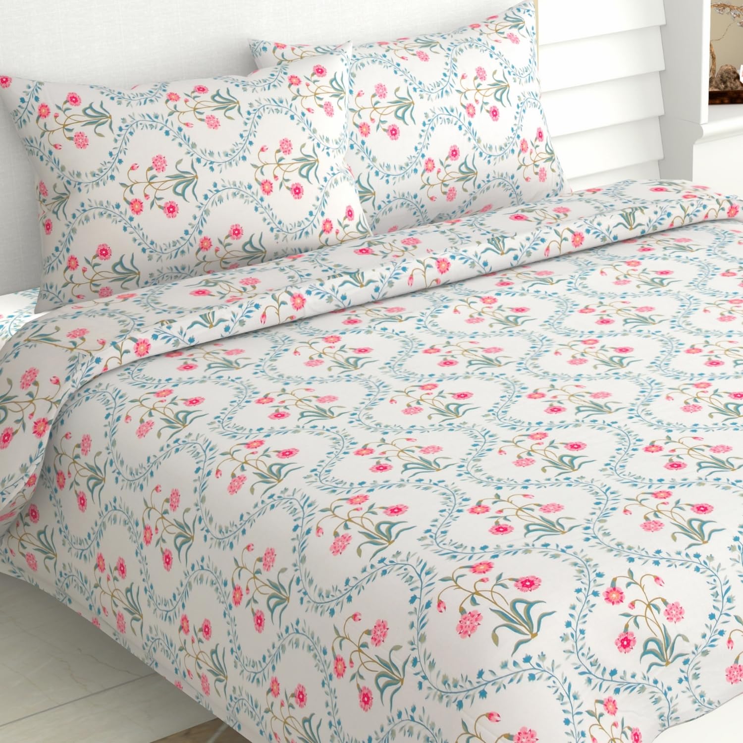 haus & kinder Double Bed Floral Bedsheet with 2 Pillow Covers| 90x100 Inches |186 TC Queen Size Cotton Bed Sheet Breathable | Soft | Pink Blossom