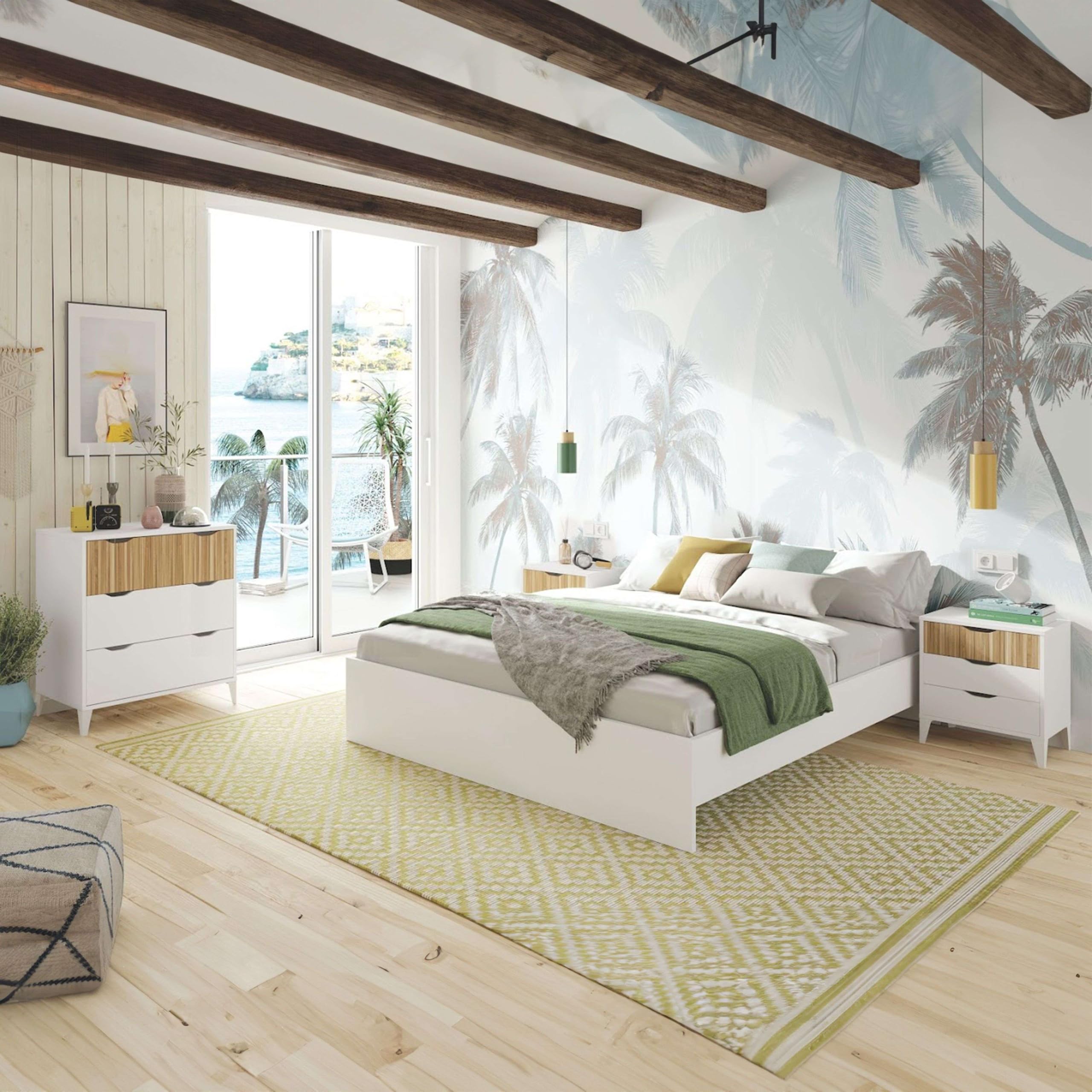 Miroytengo Pack Dormitorio Muebles Daylight Mesitas de Noche, Cómoda y Cama Queen Size Blanco Artik y Natur