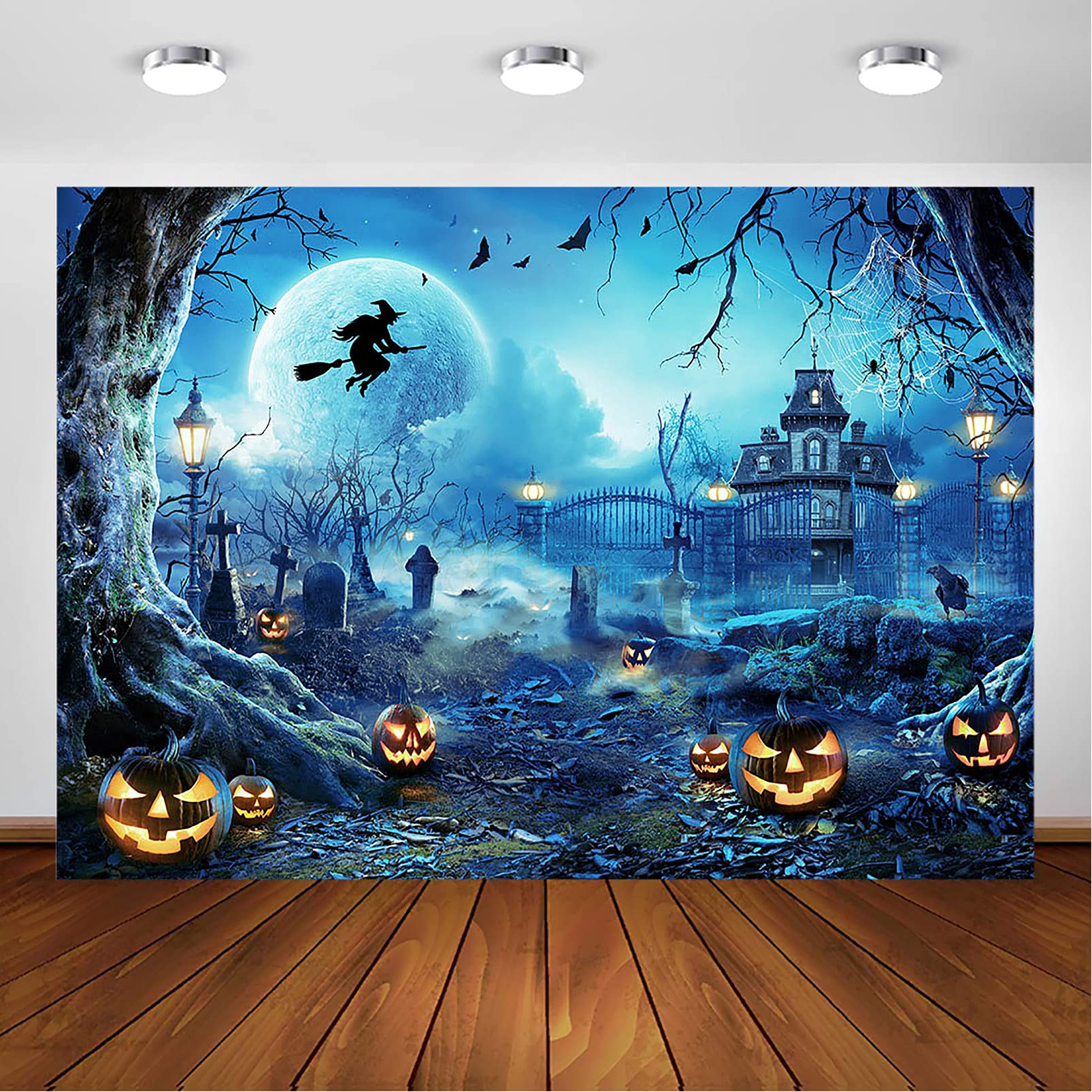 Avezano Halloween Photography Backdrop Full Moon Scary Night Castle Pumpkins Party Background Spooky Witch Bats Cemetery Child Kids Halloween Party