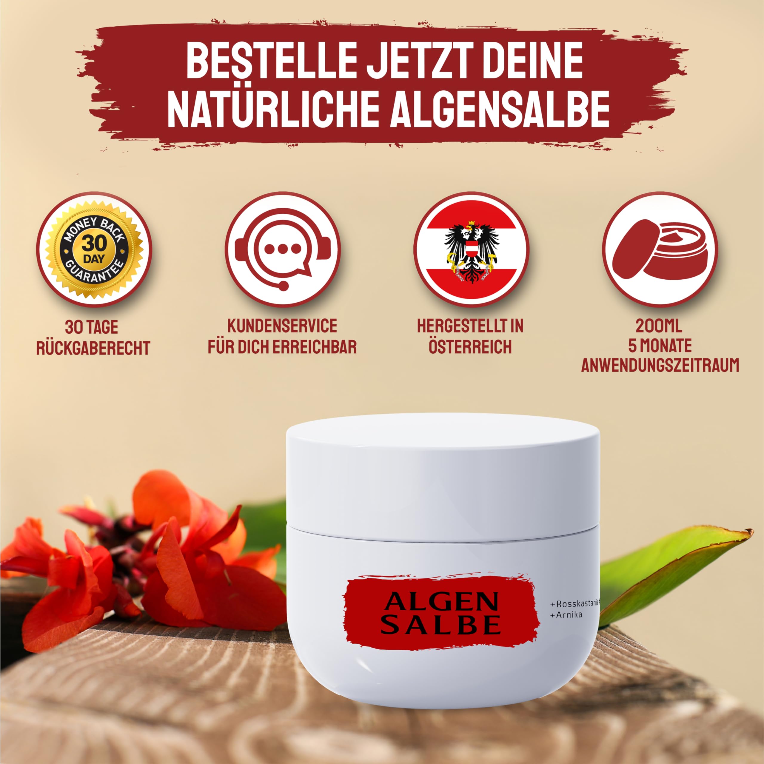 NEU! Aktiv Algensalbe gegen Besenreiser- 200 ml Tiegel-Venensalbe mit Arnika und Vitamin C - zum selber entfernen von Adern-Hergestellt in Österreich