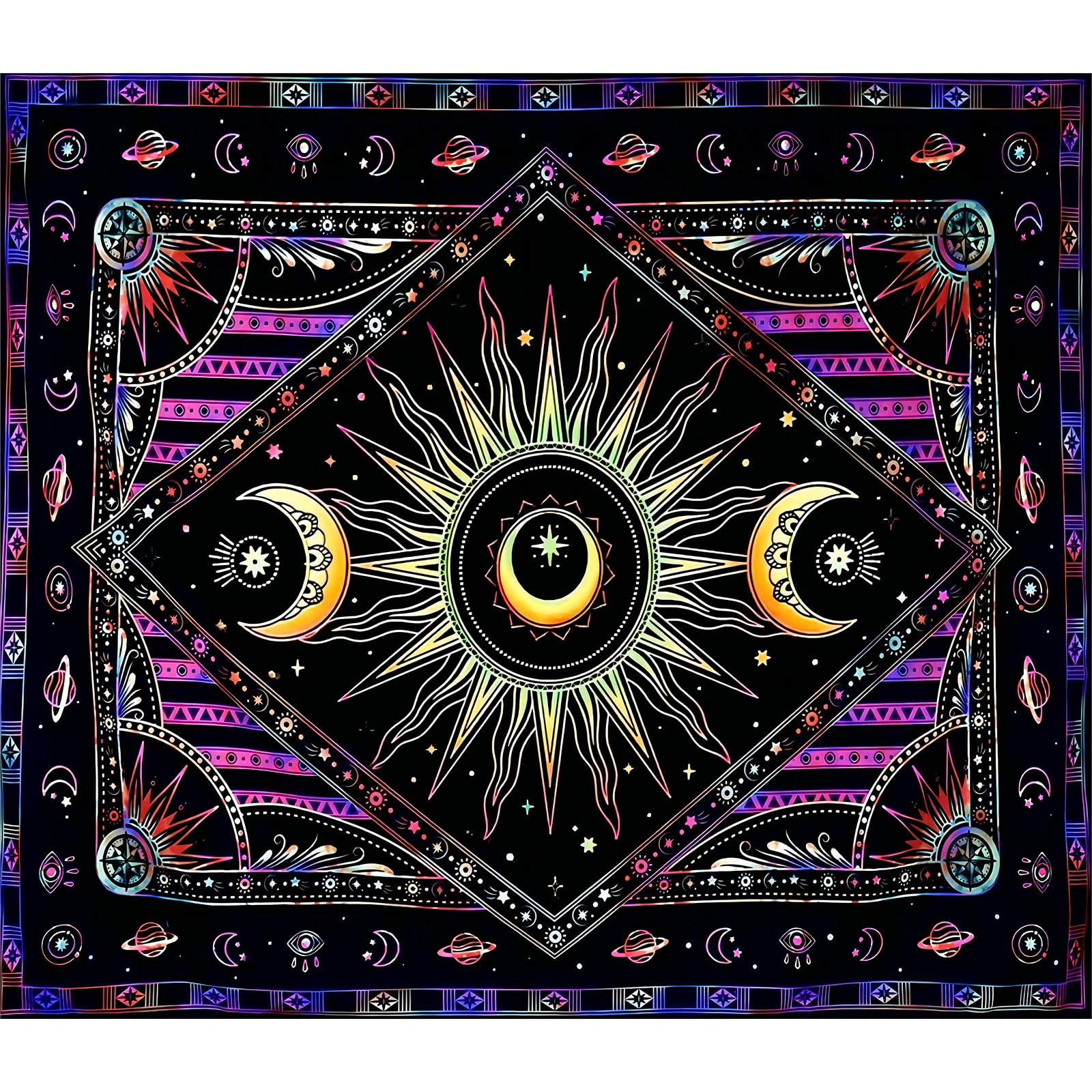 Roninkier Sun Moon UV Tapestry Black Light Wall Cloth, Psychedelic Aesthetic Natural Scenery Wall Hanging for Bedroom Living Room (Sun Moon 4, 200 x 150cm)