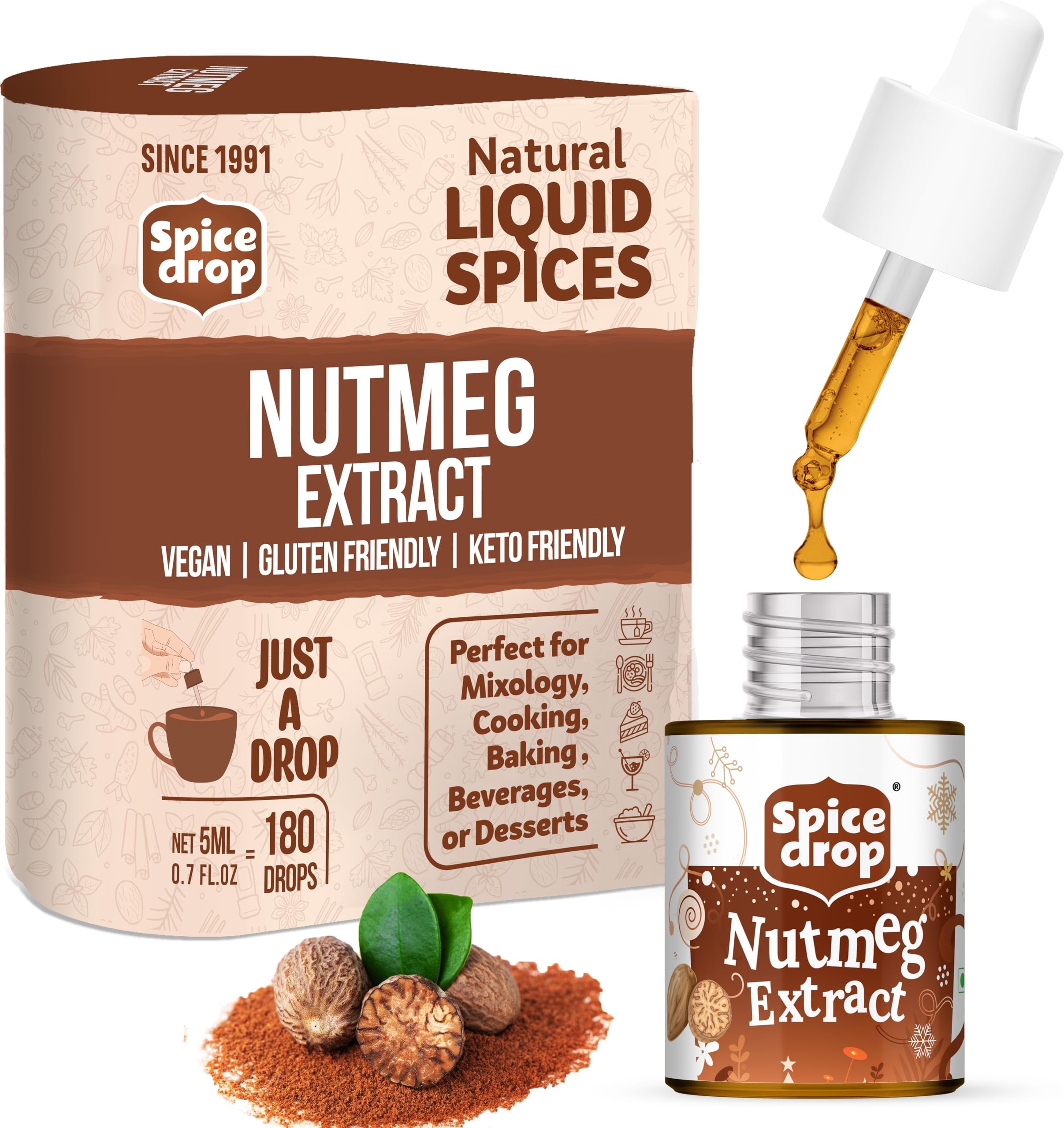 - Spice Drop Nutmeg Extract - Up to 180 Drops Per Bottle | Coffee, Cooking, Baking, Dessert | Rich In Quality And Aroma | No Added Color or Preservative | Vegan , Pack of 1
