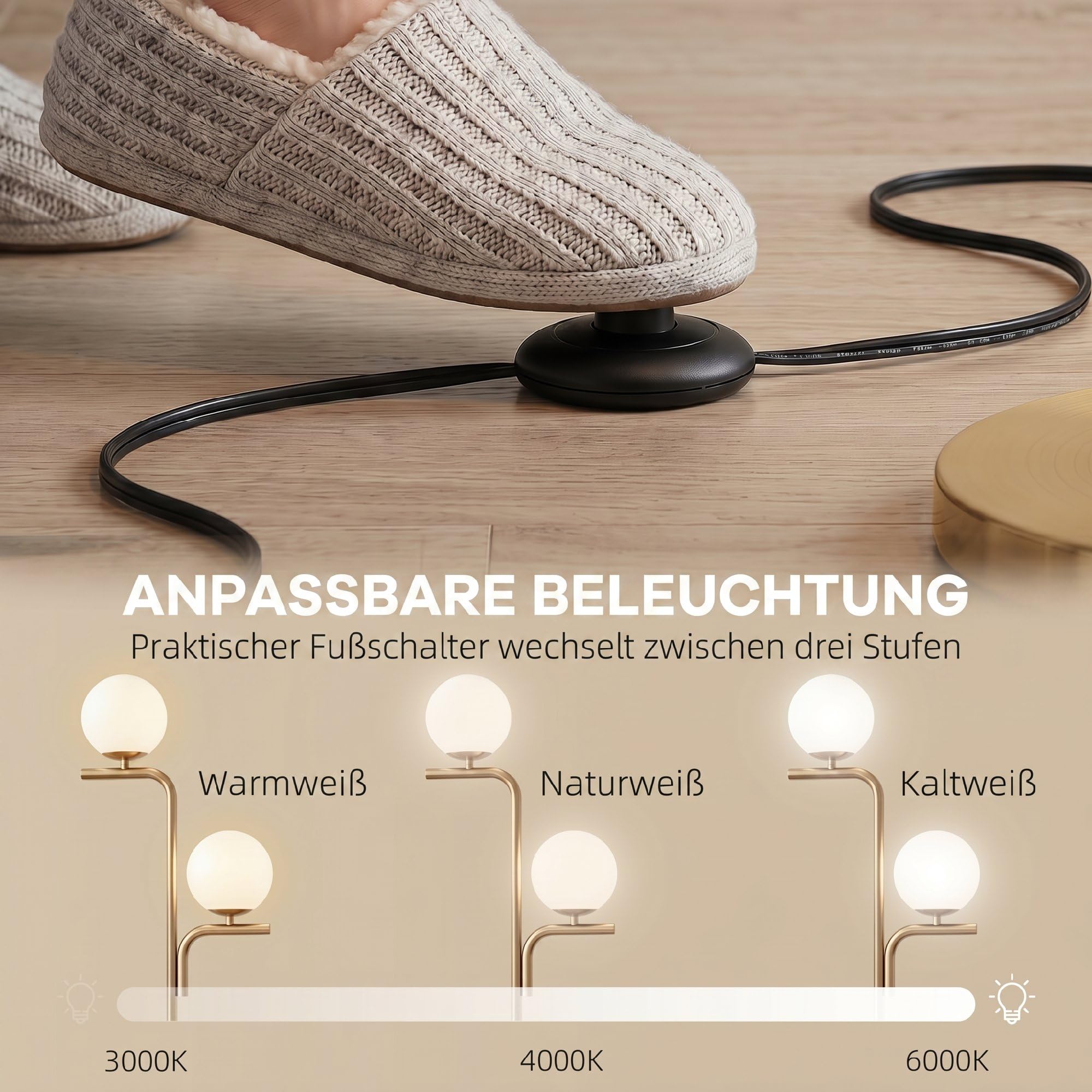 HOMCOM LED Stehlampe mit 3 Farbtemperaturen, Glaskugelschirme, Büro, Gold | Wohnzimmer Stehleuchte, Fußschalter, Standlampe für Schlafzimmer und Arbeitszimmer