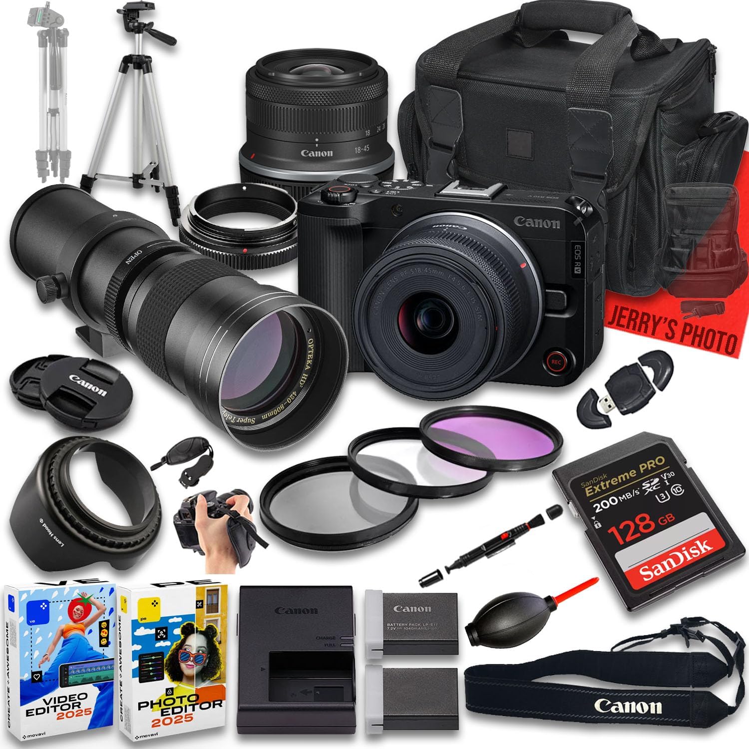 Canon EOS R50 V Mirrorless Camera with RF-S 18-45mm f/4.5-6.3 is STM and 420-800mm f/8 Manual Super HD Telephoto Lens + 128 GB Memory + Extra Battery + Camera Case + More (21pc Bundle) (Renewed)