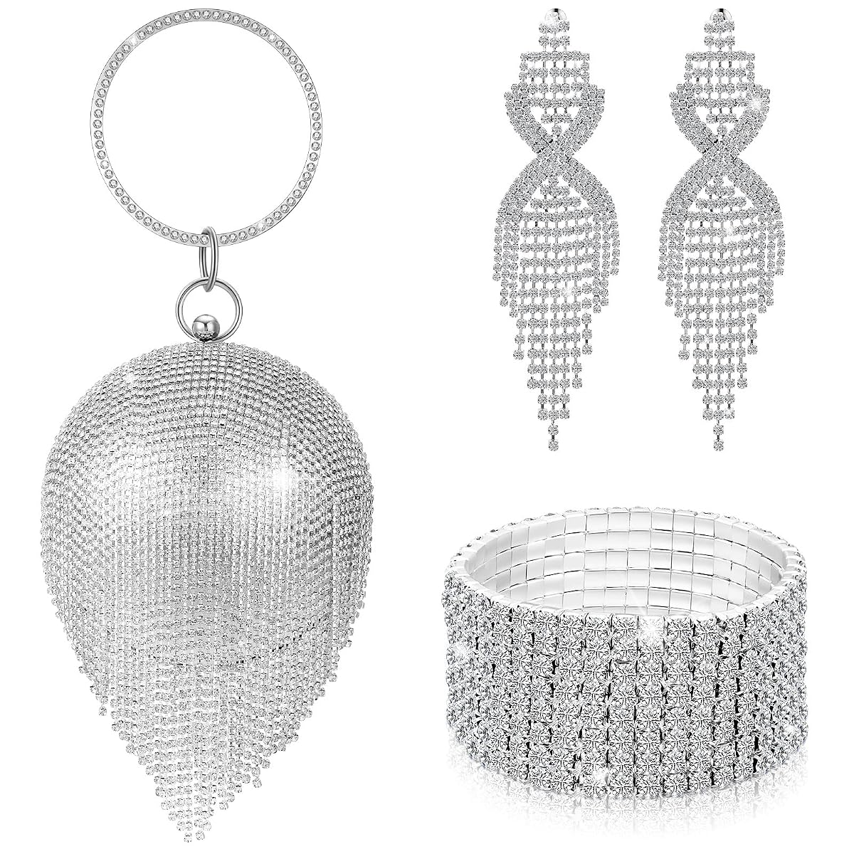 3 Pieces Silver Clutch Purses Bag for Women Evening Rhinestone Jewelry Set