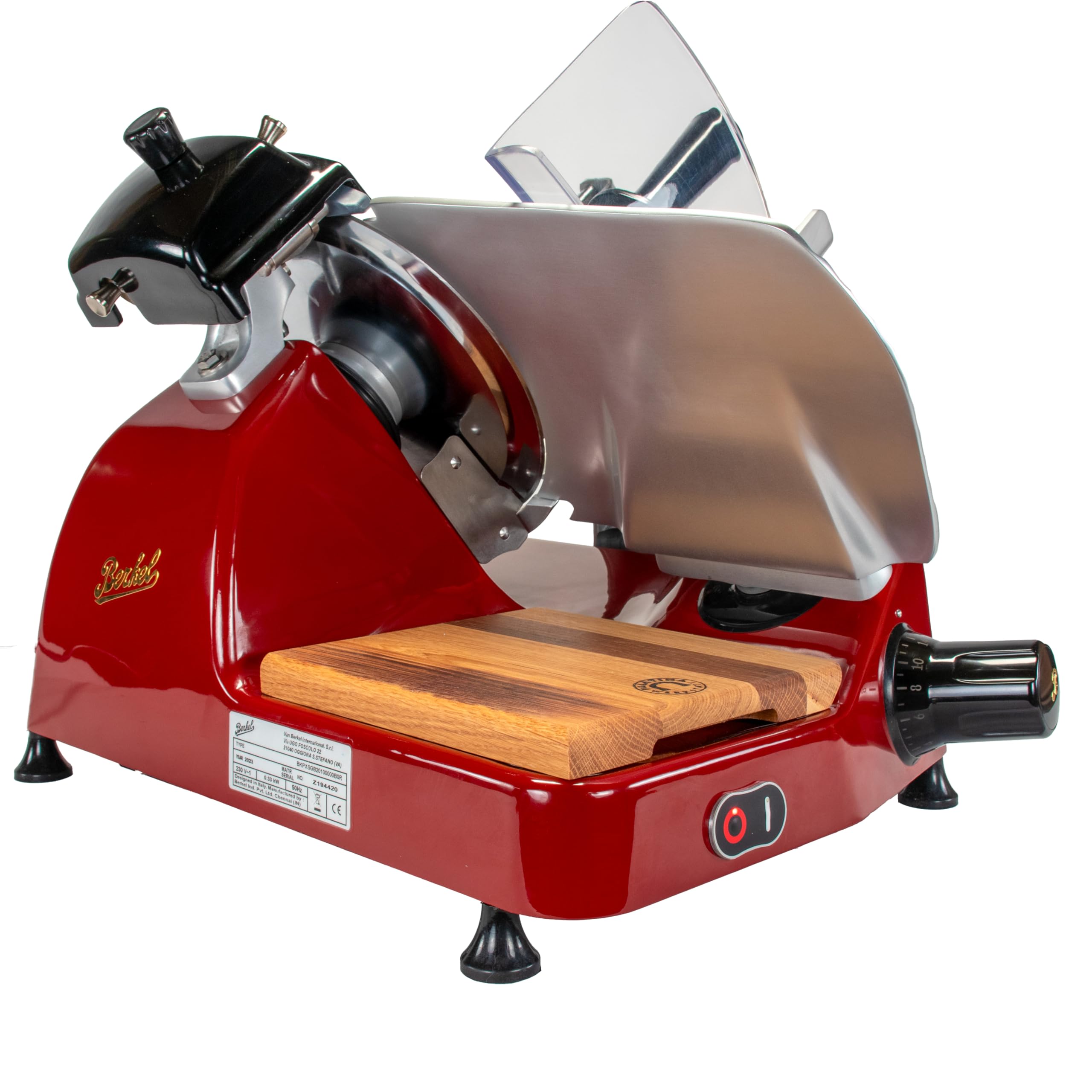 Berkel Affettatrice Pro Line XS 25 in rosso – affettatrice professionale per la vostra cucina + tagliere realizzato a mano in legno unico, XS25-R+FHB