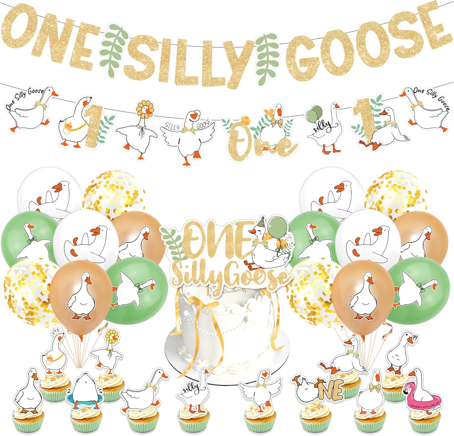 One Silly Goose Birthday Party Decor Set – 3m Banner 12Cake Topper 16 Balloons Cake Topper & Accessories, for Boy and girl 1st Goose Theme Party Supplies