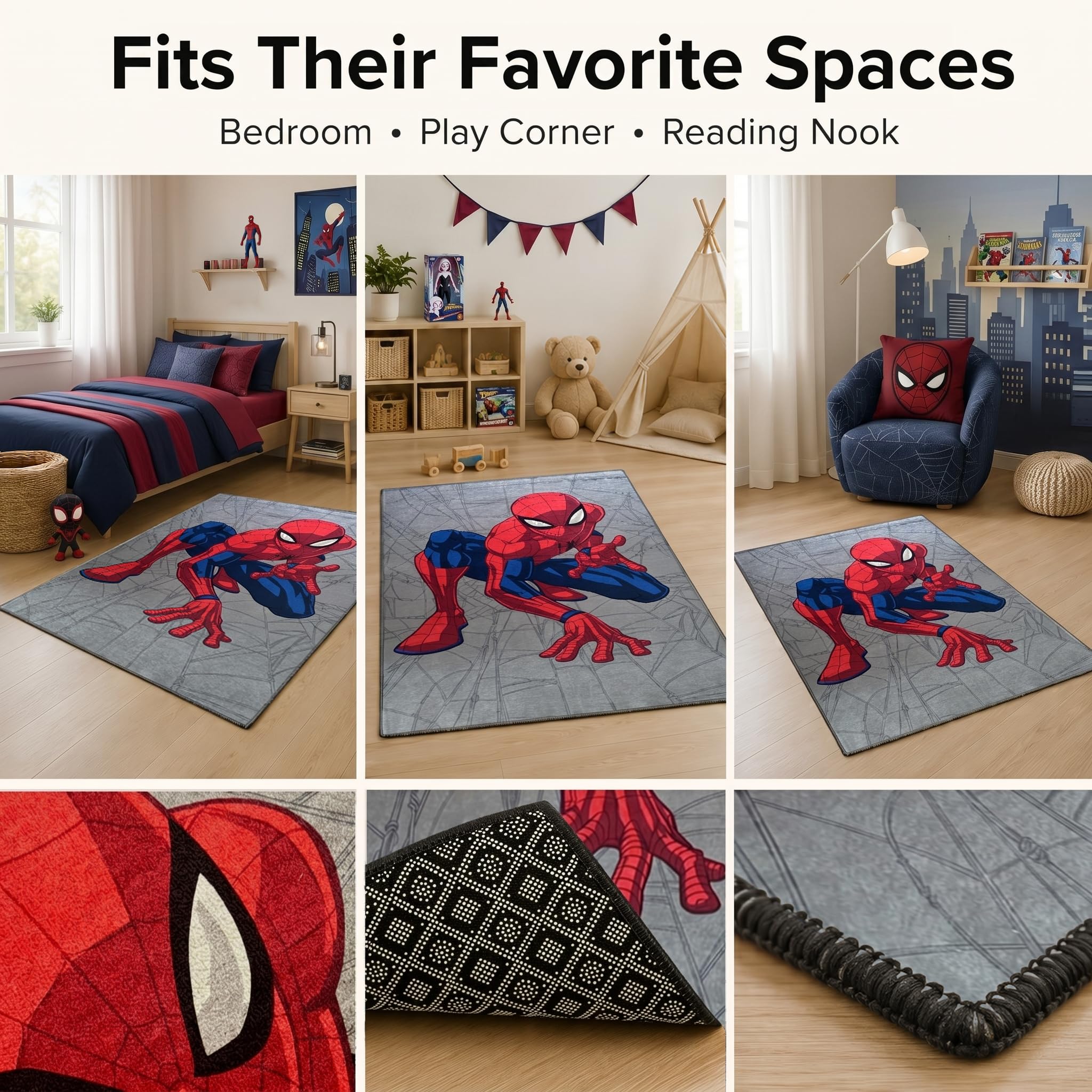 Disney Home Kinderteppich - Offiziell lizenzierter Kinderspielteppich für Kinderzimmer, Spielzimmer - rutschfeste und waschmaschinenfeste Spielmatte für Kinder, Spiderman Teppich 80 x 120 cm