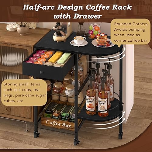 Miniatura 2 de VINAEMO Estación de café con ruedas y cajón de almacenamiento, soporte de mesa grande de 15.35 pulgadas de profundidad para cocina, oficina, sala de