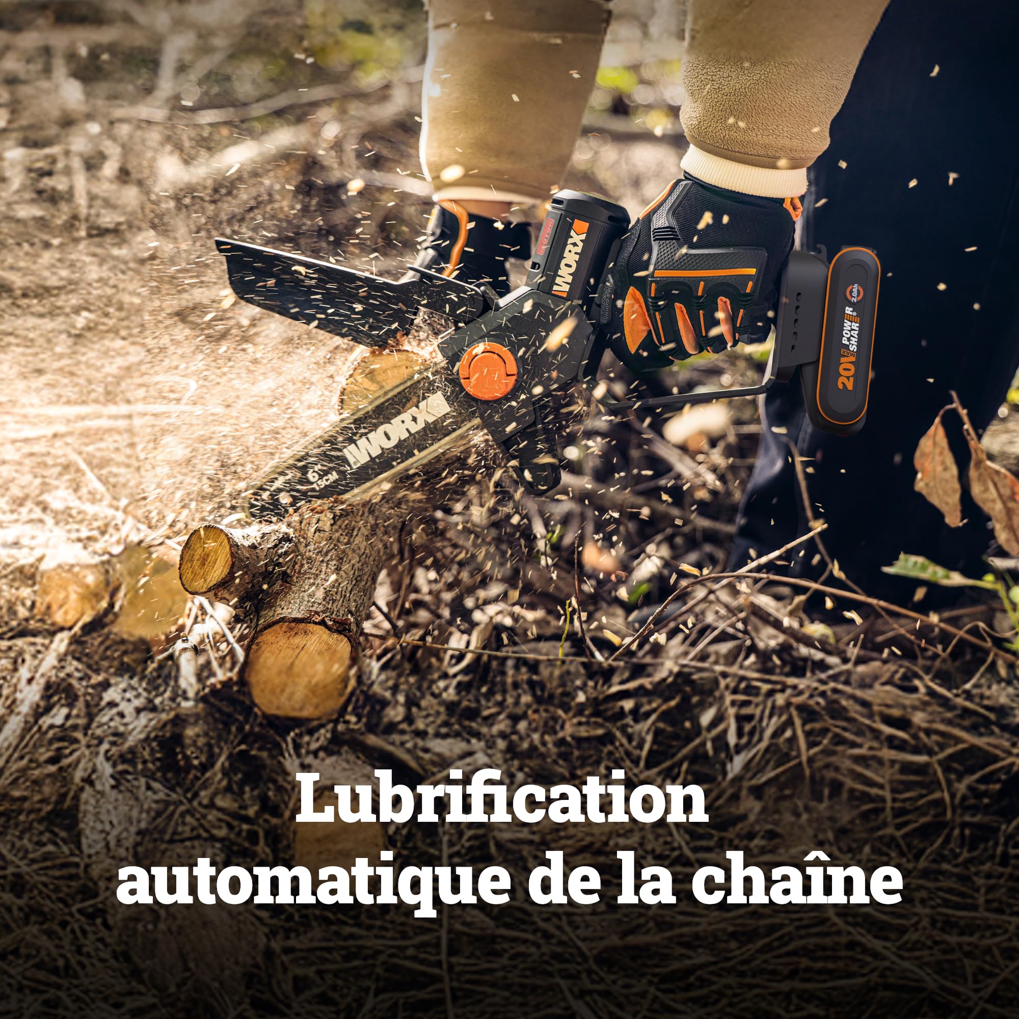 WORX Élagueuse Mini Tronçonneuse sans fil 20V WG327E.9, guide de 15 cm, moteur brushless, lubrification et tension automatique, compacte et ergonomique, livrée sans batterie ni chargeur