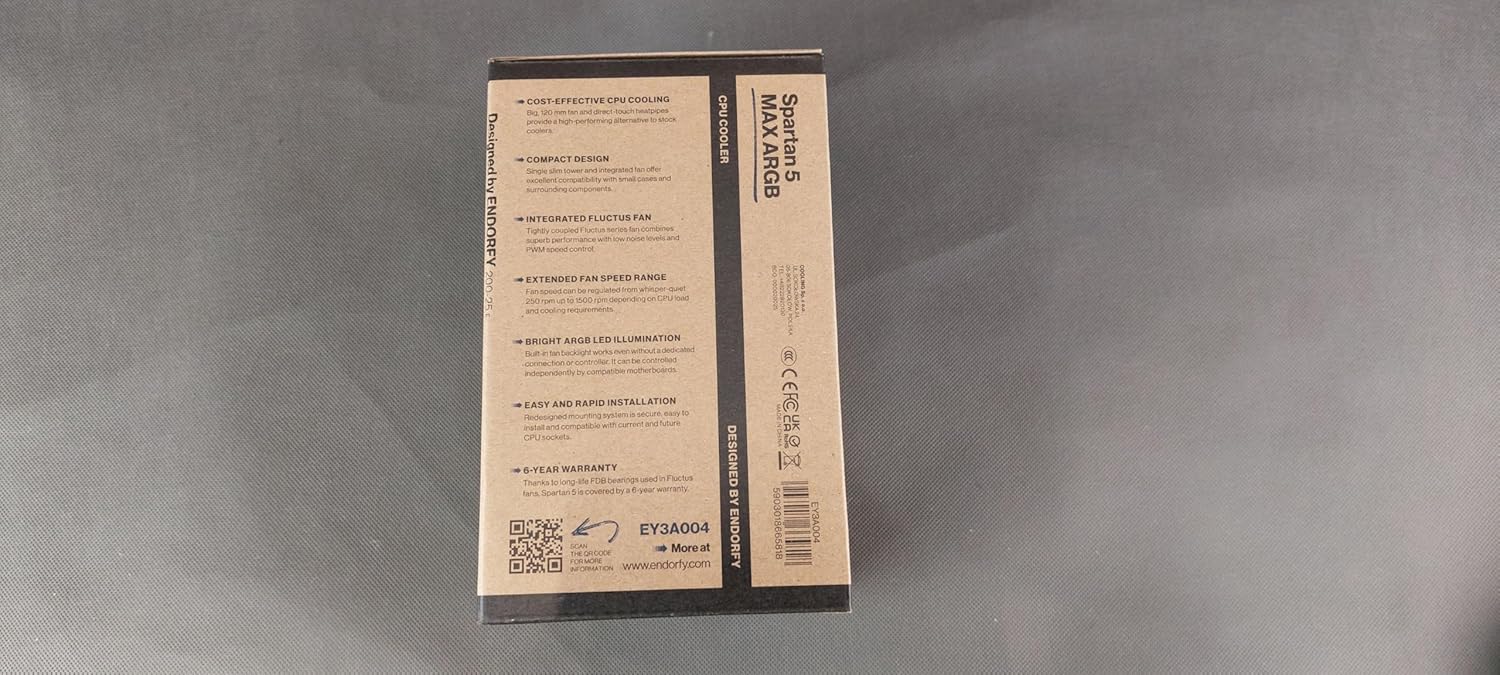 ENDORFY Spartan 5 MAX ARGB CPU Air Cooler showing direct-touch heatpipes on a motherboard.