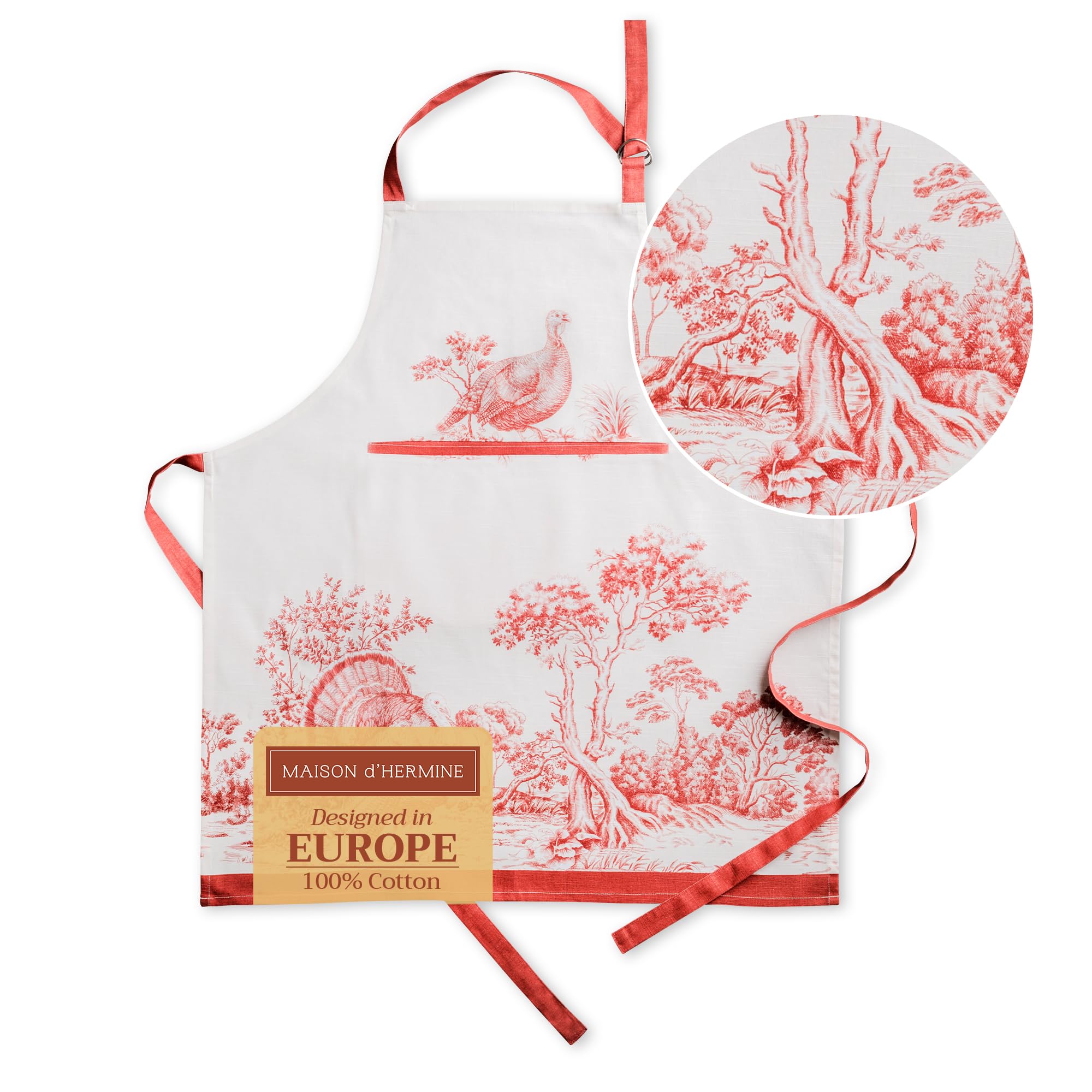 Maison D' Hermine Women's 137 - Holy Jouy - Red 100% Cotton Apron For With Pocket Kitchen Chef Autumn Apron For Men Cooking Gardening Server Waitress Maid - (Holy Jouy - Red, 85 Cm X 70 Cm)