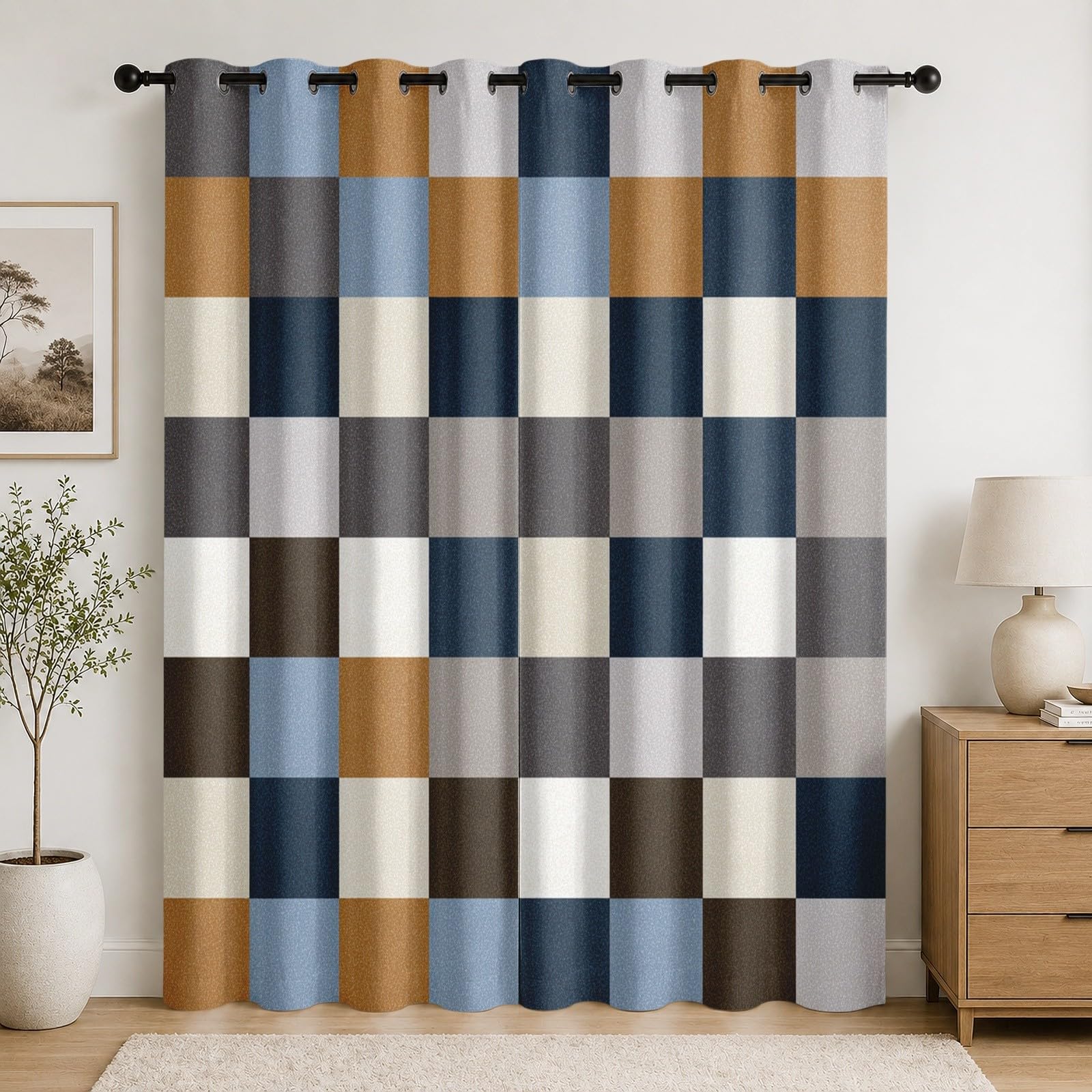 Rideaux occultants gris 140x225 cm avec œillets et motif géométrique 3D pour salon