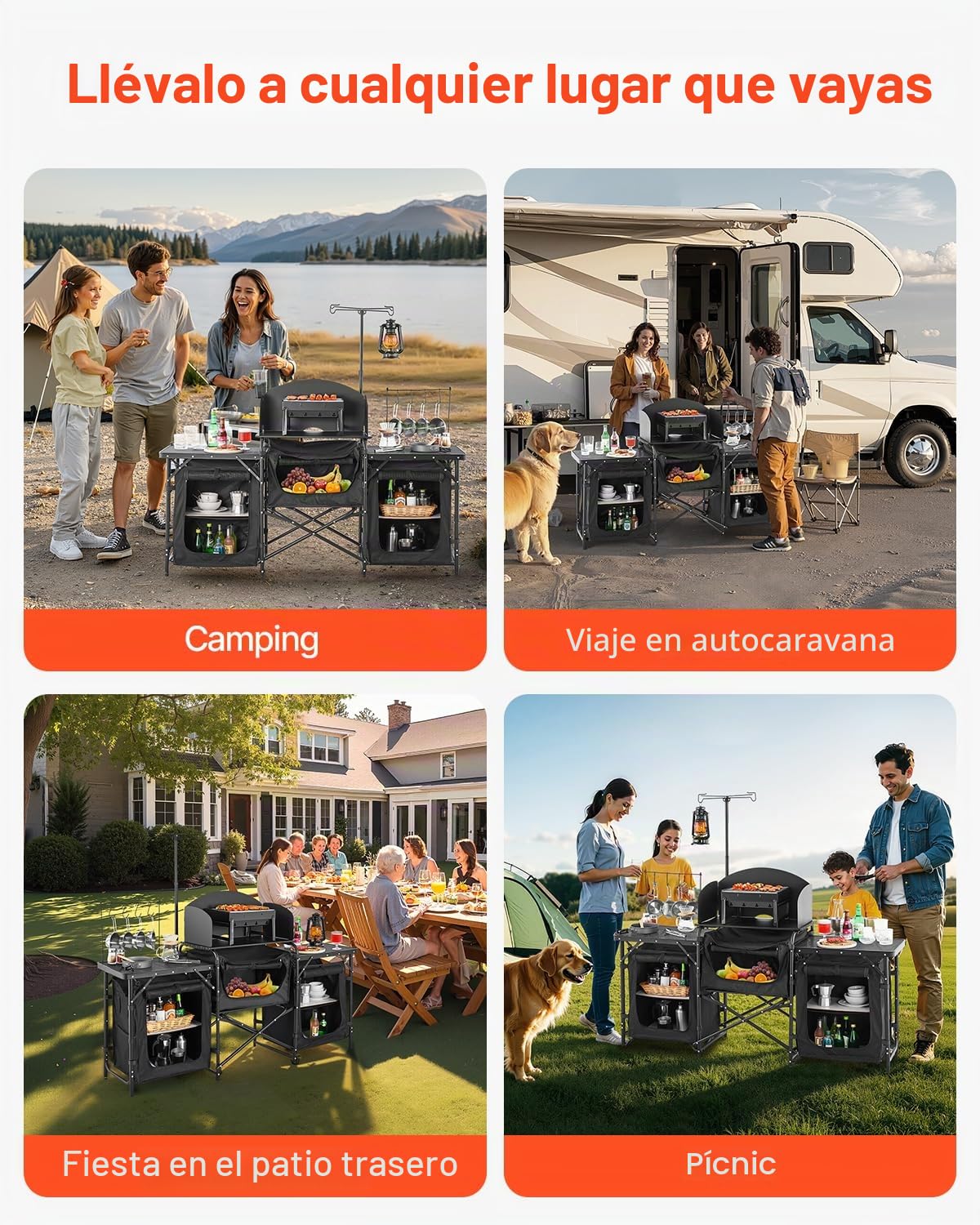 VEVOR Mesa de Cocina Portátil para Acampar, de Aluminio, con 3 Armarios de Almacenamiento, Bolsa de Transporte, Parabrisas Desmontable, Configuración Rápida para Barbacoa, Fiesta, Pícnic, Negro