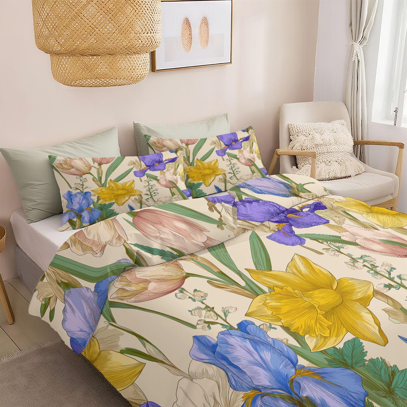 Zestaw poszewek na kołdrę w stylu retro 230 x 220 cm, hipoalergiczna, ultramiękka pościel z 4 narożnymi wiązaniami i zamkiem błyskawicznym, beżowa poszewka na kołdrę do dekoracji domu