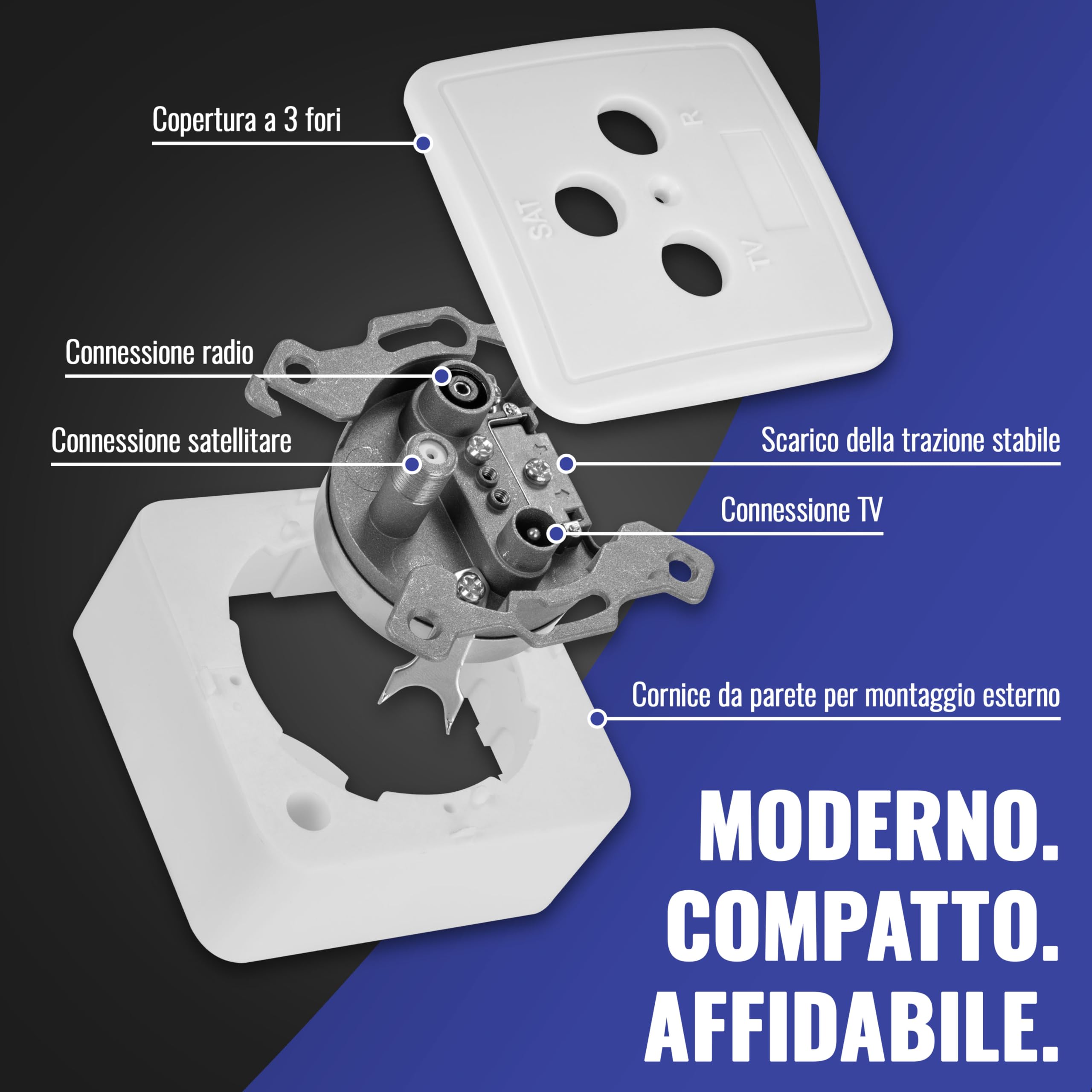 PremiumX PX3 Presa Antenna Multimediale A Scomparsa - 3 Vie (SAT, TV, Radio) - Adatta Per HD, 4K E Full HD, Da Incasso
