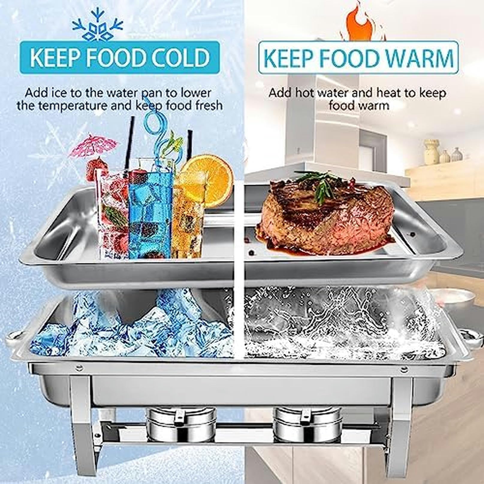 Warmhaltebehälter Mit Behältern, Brennpaste, 9-Liter-Set, Rechteckiger Edelstahl-Buffetwärmer, 8Er-Pack, Für Buffets, Caterings, Partys, Warmhalteplatte