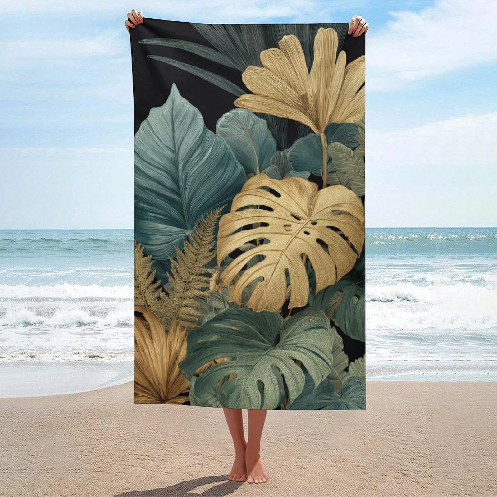 asbwuo Tropical Leaves in Gold Green Beach Towel