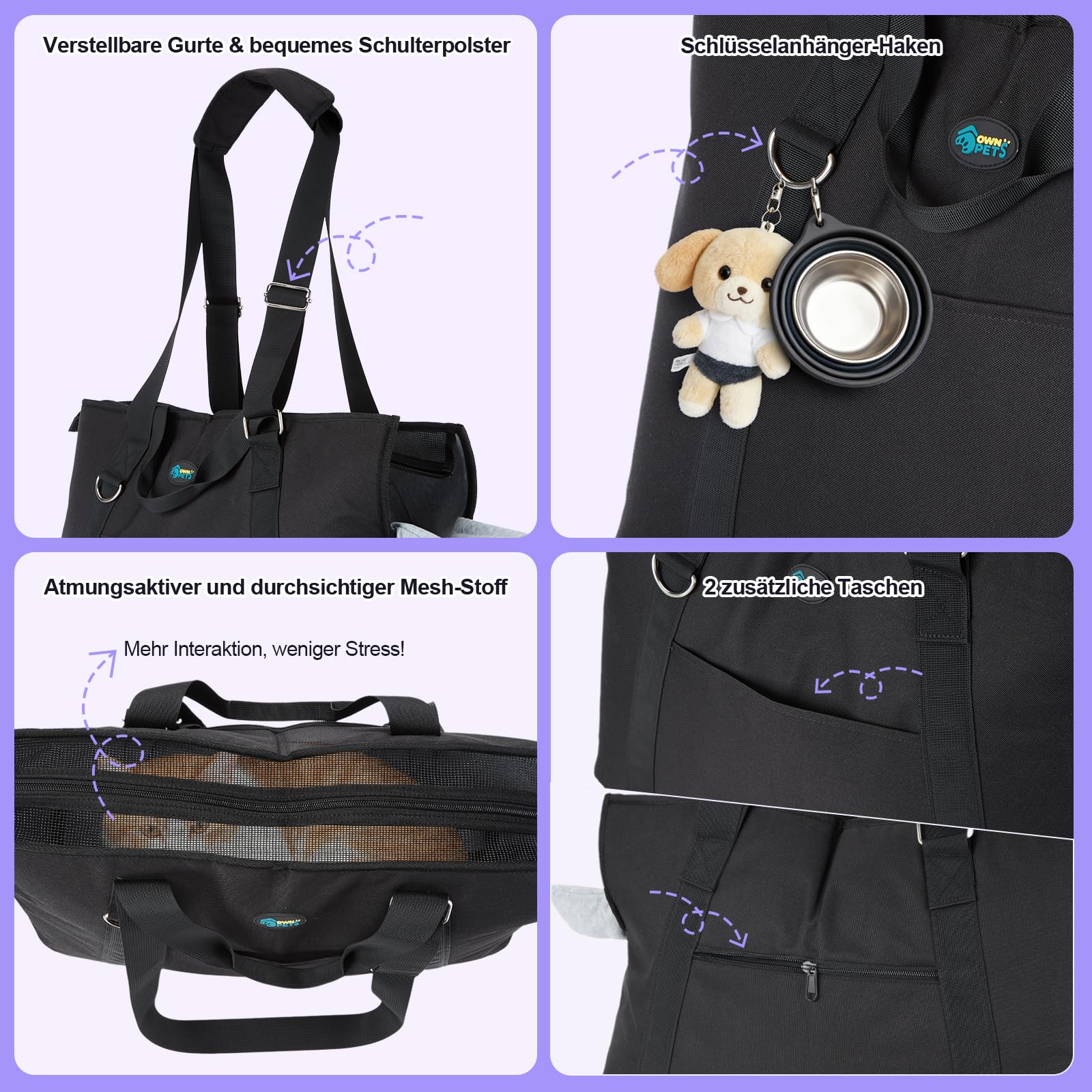Ownpets Große Hundetragetasche, Träger mit Taschen für Mittelgroße Welpen, Flugzeuggenehmigt, Passt für bis zu 10 kg, Katzen- & Hundetragtasche, Hände-freie Haustier-Tragtasche für Frauen