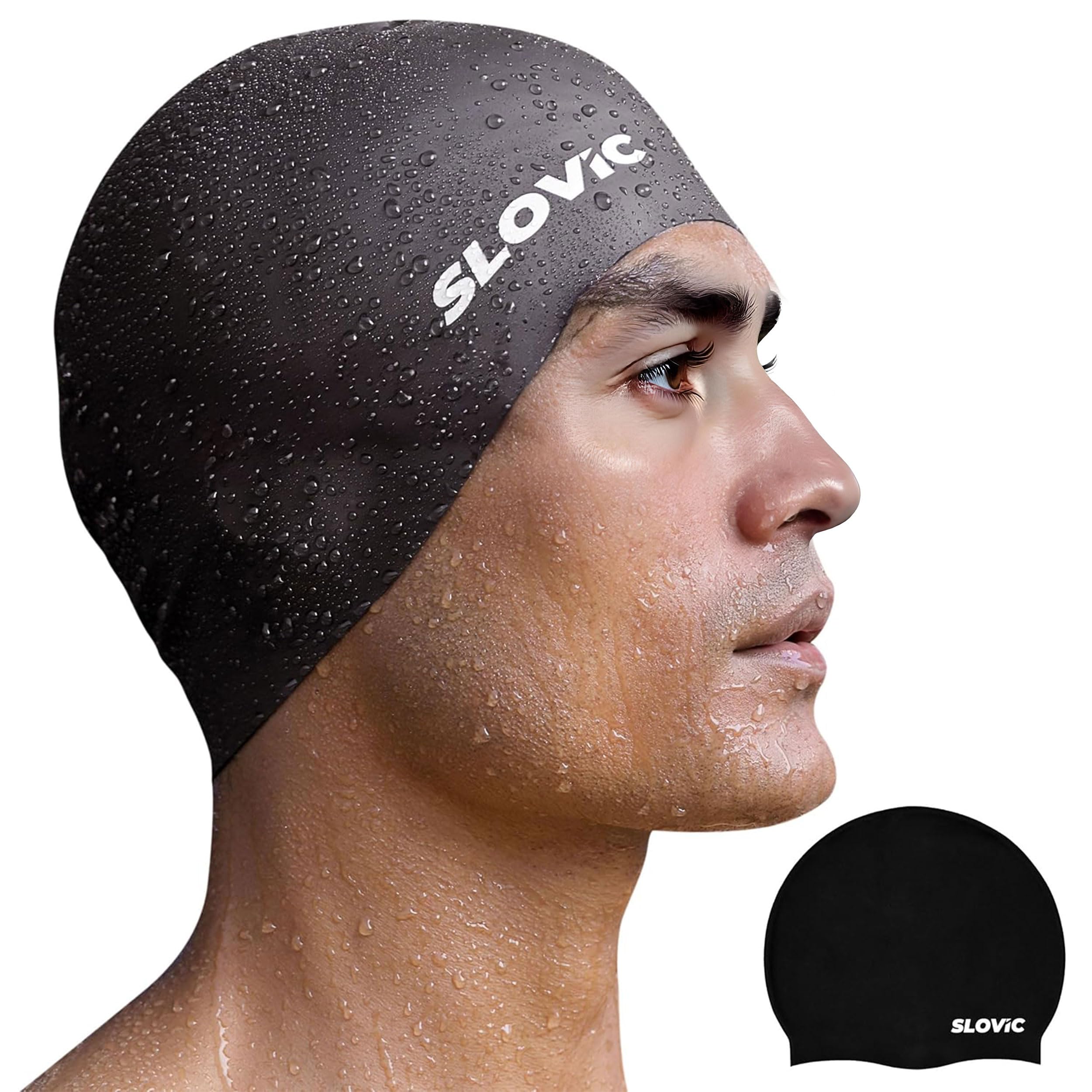Slovic Swimming Cap for Men & Women [Black] | Swimming Caps for Women with Long Hair | Swimming Accessories for Men & Women | Unisex & Waterproof Silicon Cap to Prevent Chemical Damage | Free Size