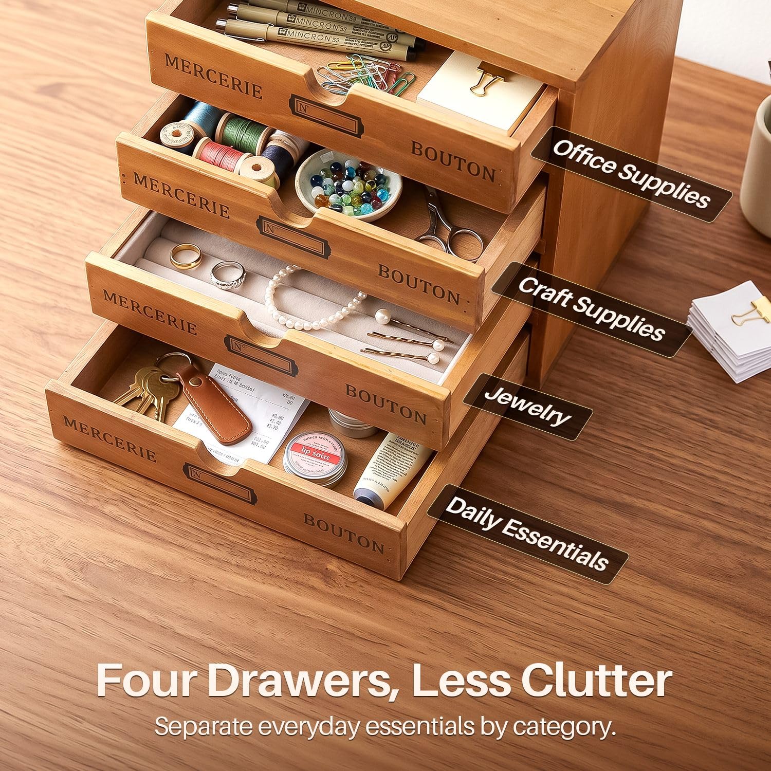 Flexzion Organizador de suministros de oficina de escritorio de madera con 4 cajones de almacenamiento, gabinete de mesa de madera de 4 niveles, decoración de vanidad, herramienta de arte y correo