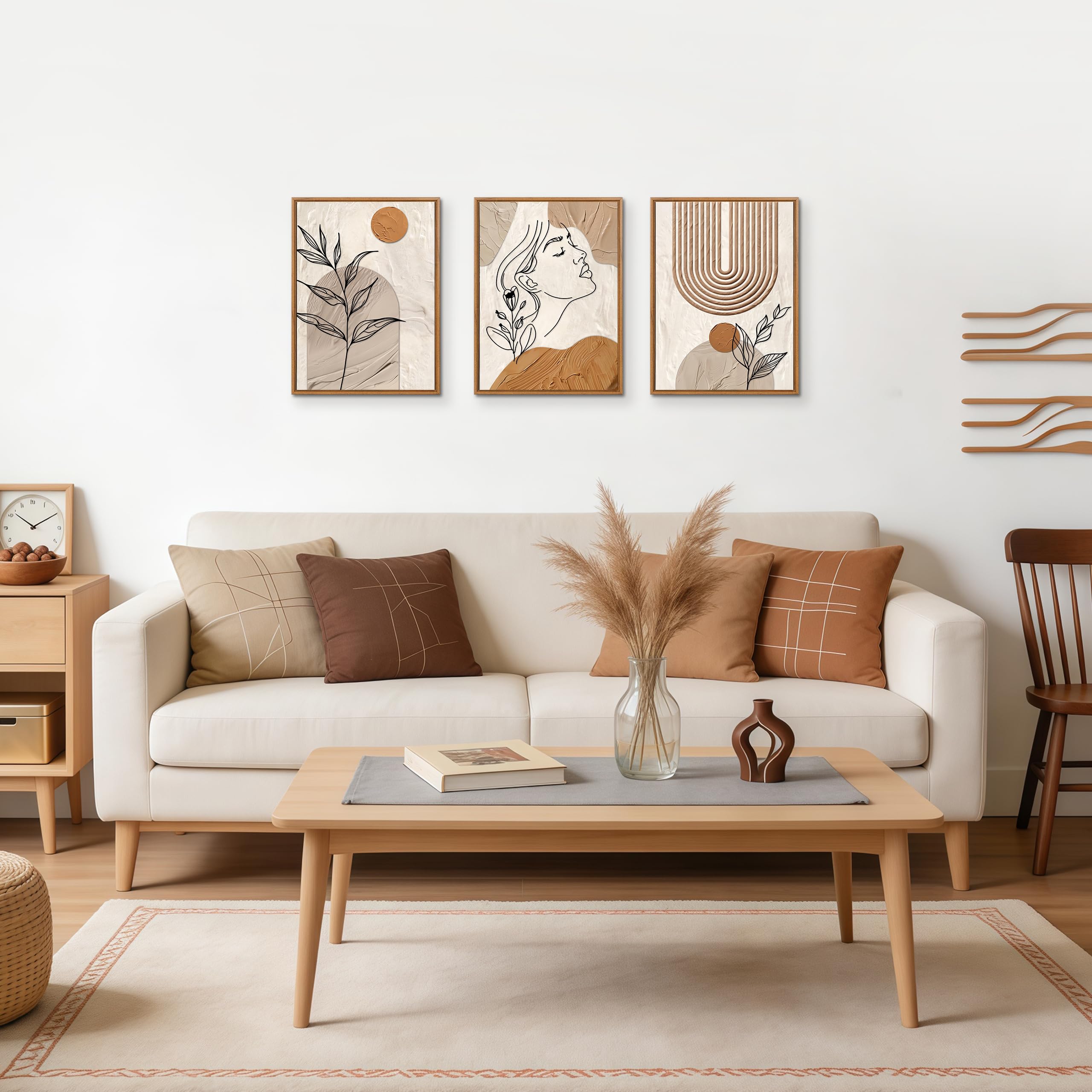 3 Pcs Wooden Framed Canvas Wall Art Set Bohemian Sage Green Canvas Prints Poster Geometric Line Beige Green Pictures for Living Room Bedroom Dinning Room Hallway Stairs Wall Decor 30x40cm x3pcs — view 470