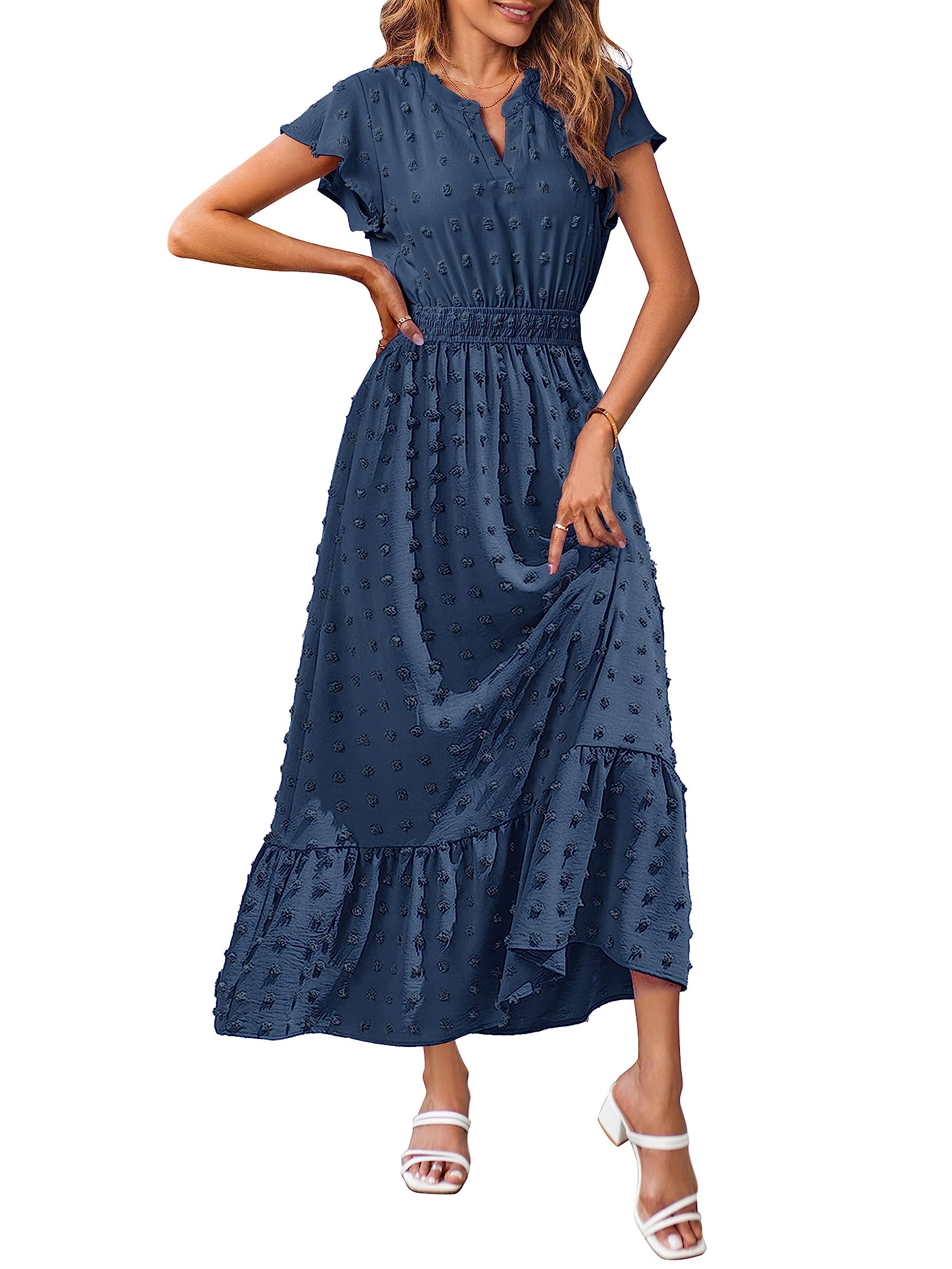 MEROKEETY Women 2023 Summer Flutter Short Sleeve V Neck Swiss Dot Smocked A Line Tiered Maxi Dresses