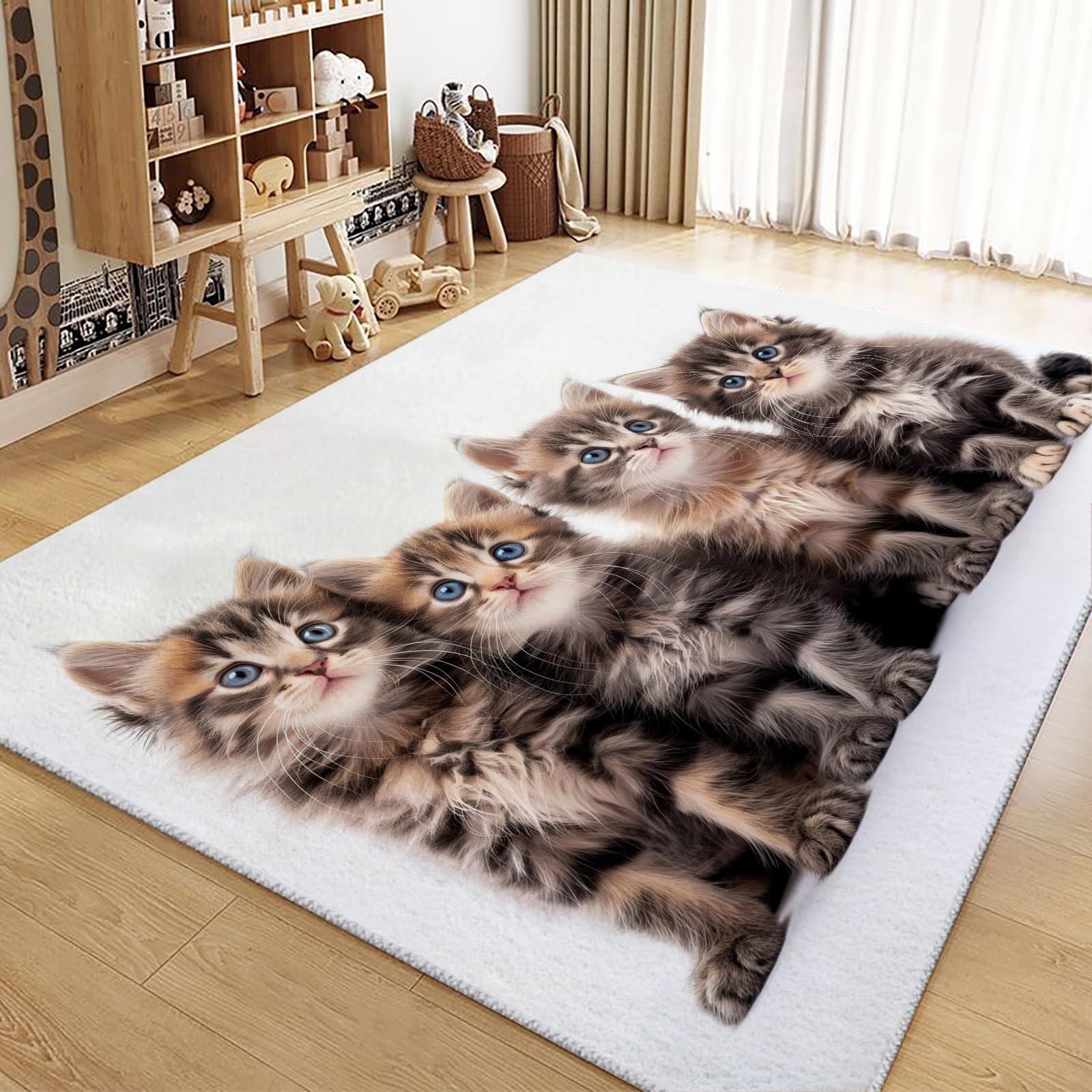 Generisch Waschbarer Teppich Tier Graubraune Katze 80x150cm Wohnzimmer Schlafzimmer Teppich, Flauschig Weich Kurzflor Teppich, Moderne 3D Druck Teppich, Anti-Rutsch Teppich Matte