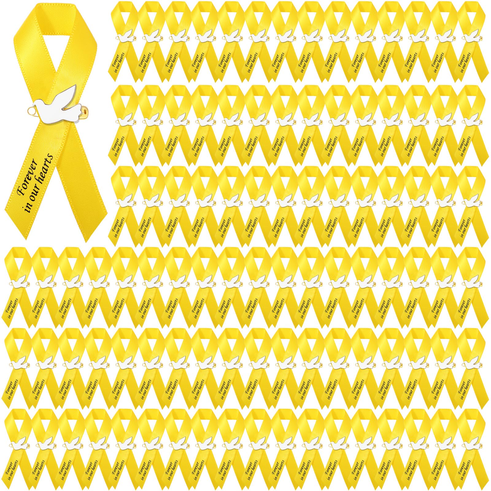 100 Pcs Yellow Funeral Ribbon Pins, Memorial Ribbons for Funeral with Dove