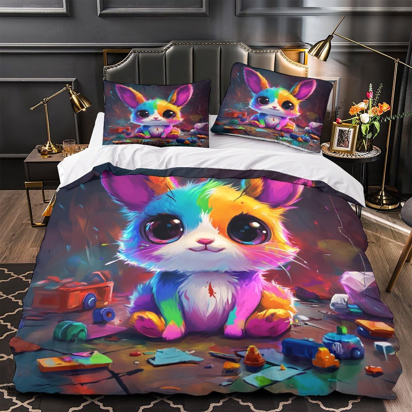 Housse de couette lapin 3D 260x220 cm en microfibre avec 2 taies d'oreiller pour lit enfant