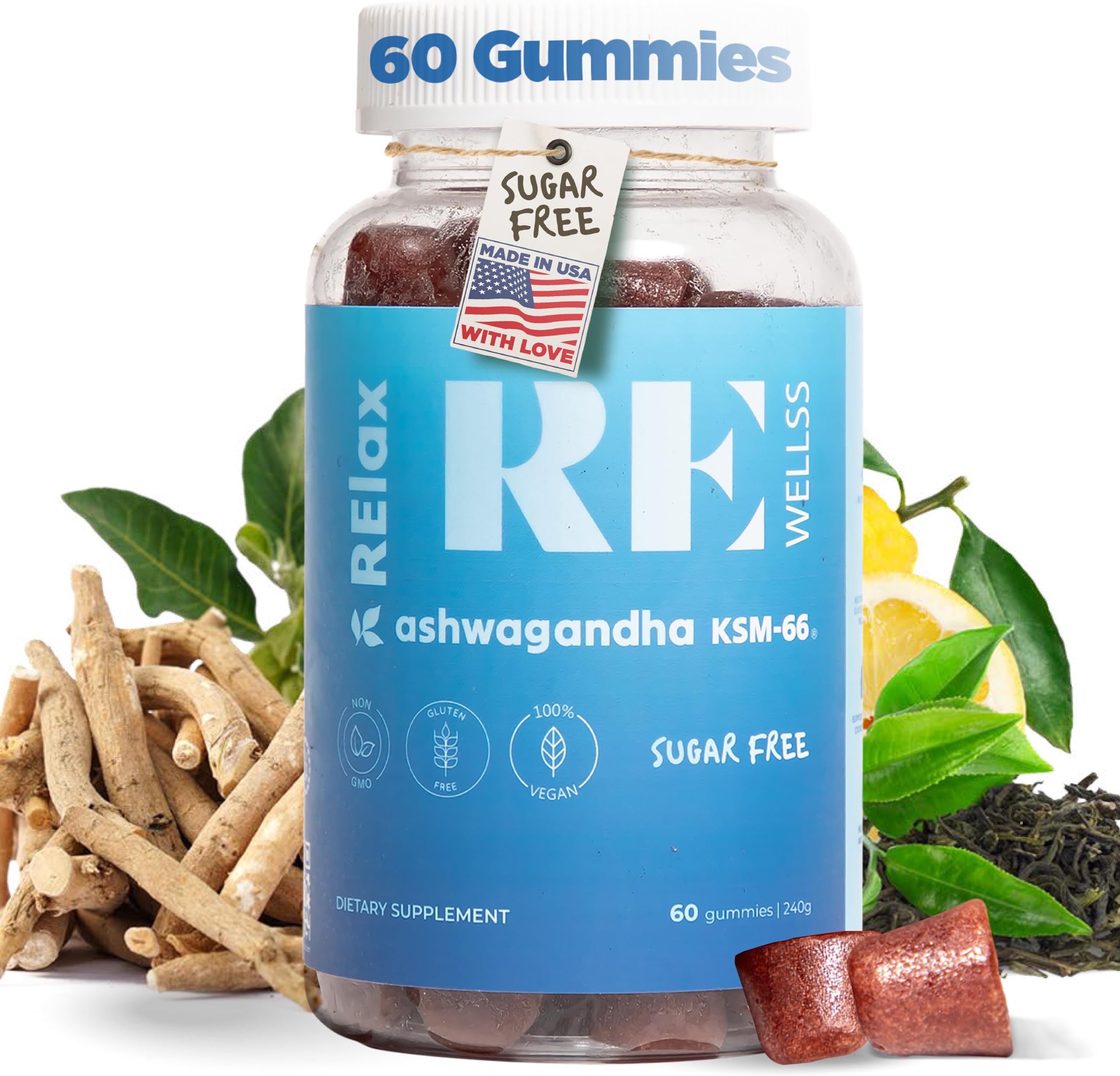 Ashwagandha & Vitamin D Gummies | Dietary Supplements | KSM 66 Ashwagandha for Calmness Support 300mg | L-Theanine Lemon Balm | Natural Herbal Non-GMO Sugar Free Gluten Gelatin Free | 1 Pack