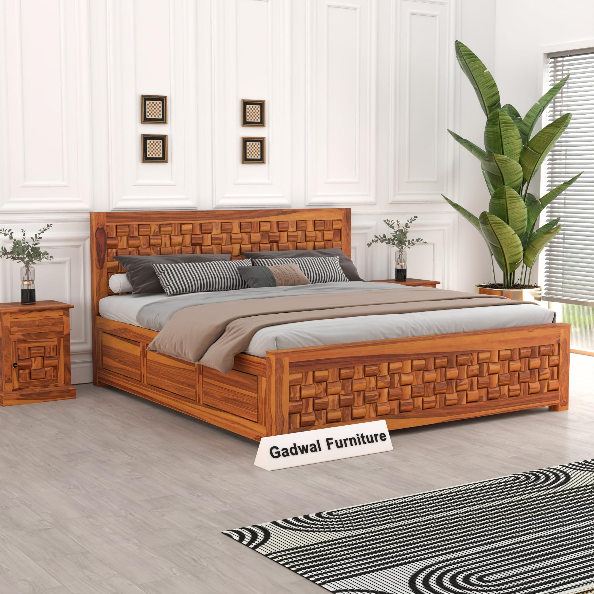 Sheesham Wood King Size Bed with Box Storage for Bedroom - King Size Cot with Storage - Solid Wood Bed Kingsize Cot for Bedroom - Wooden Double Bed Palang (Honey, Mary King Box)-image-9
