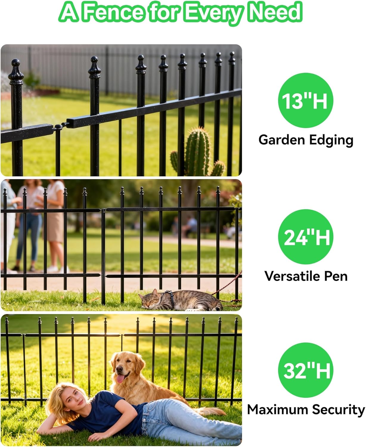 10-Panel Strong Dog Fence, 32in H x 24ft L, Thickened Hollow Iron Tubes, High-Density Metal Barrier for Yard, No Dig Temporary Fencing