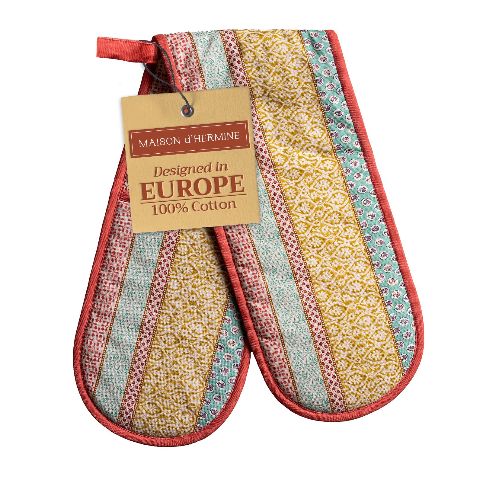 Maison d' Hermine Double Oven Mitts 100% Cotton 18 cm x 89 cm Double Oven Mitt Heat Resistant BBQ Cooking Gloves with Loop Baking Grilling Handling Hot Pans Spring Summer (Provence)
