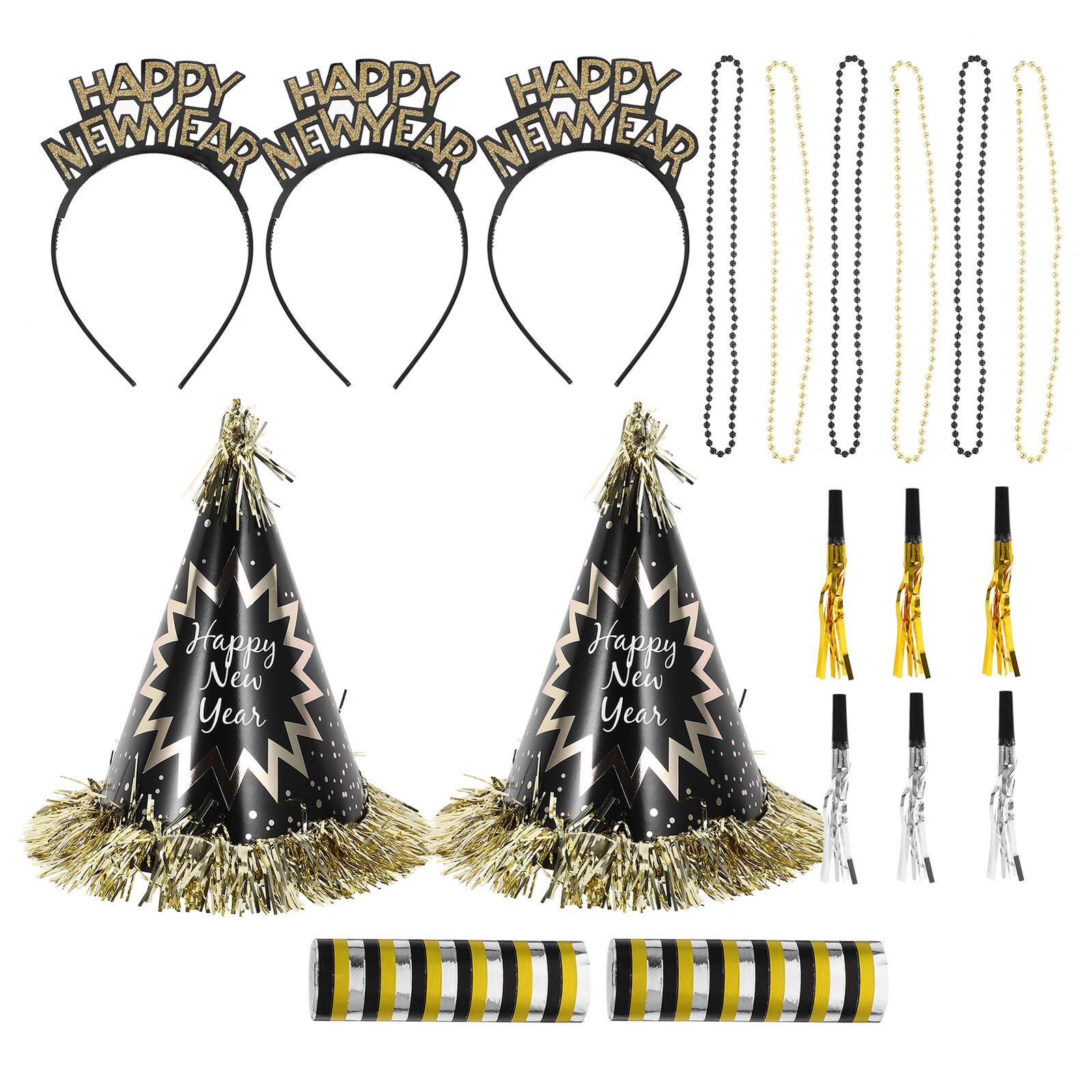 TOPBATHY Accesorios para Fiesta de Año con Gorro de Papel Collar de Cuentas y Silbatos Decoración Negra y Dorada para Cotillón y Celebraciones