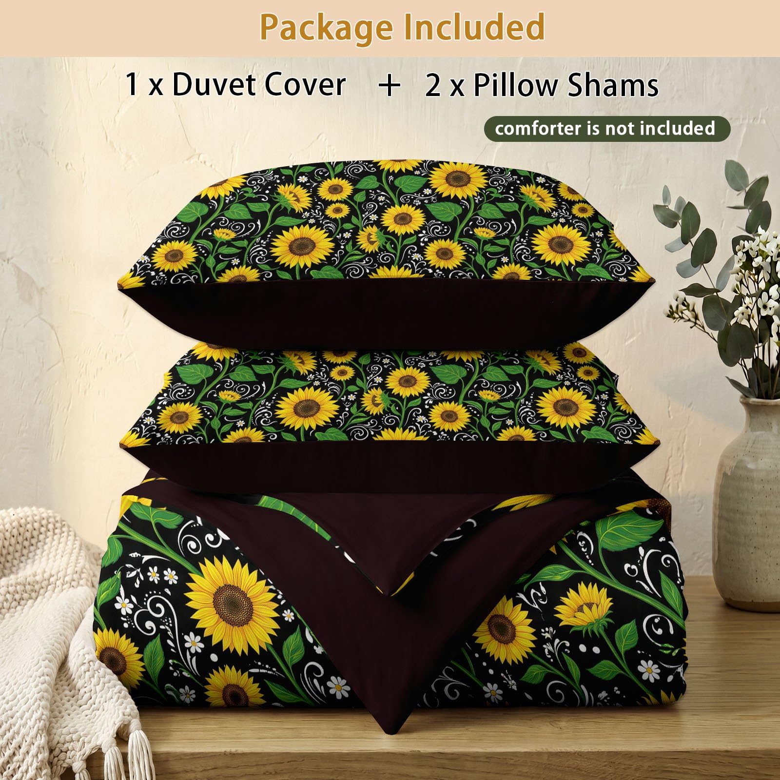 Set copripiumino reversibile, motivo piante girasole foglie onde, morbido e facile da pulire, in microfibra, con stampa rustica, matrimoniale, confortevole, per ragazze, bambini e adulti, nero