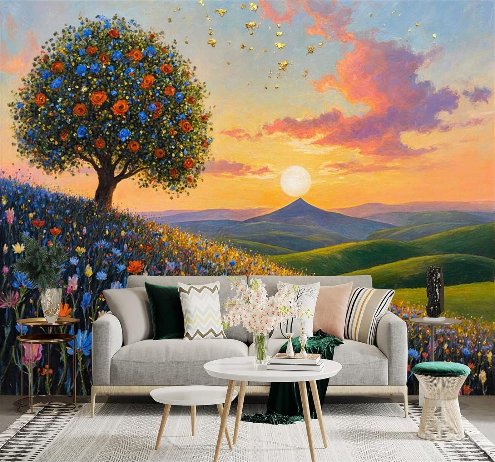 3D Papel Pintado Árboles De Colores Vivos Flores Silvestres Puesta Colinas
