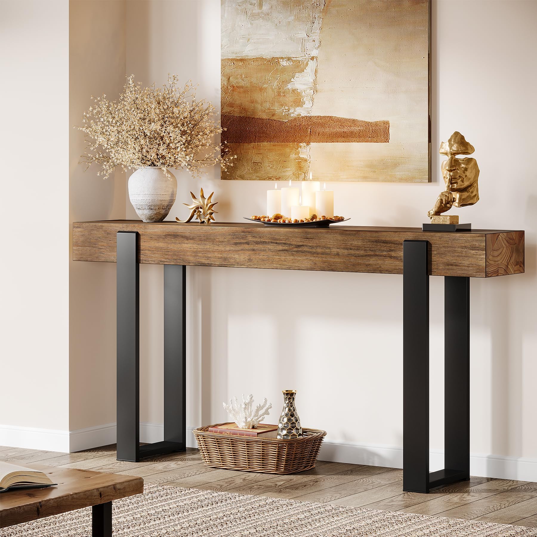 Tribesigns Konsolentisch Massivholz, 160 cm, mit Metallgestell, ideal für die Couch, Eingangsbereich, Flur im Landhausstil, rustikales Braun & Schwarz