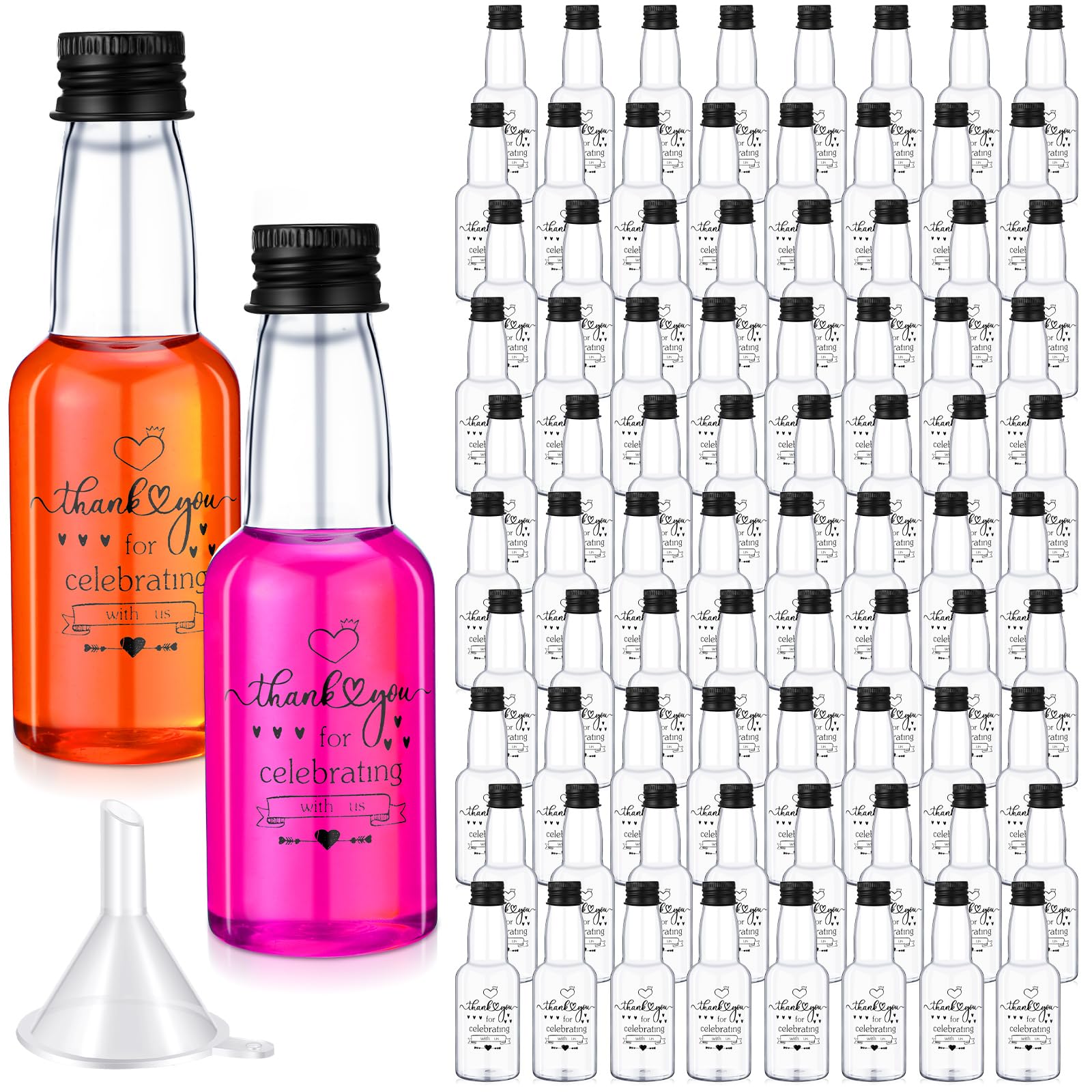 Domensi 100 Pcs Mini Wedding Liquor Bottles 2 oz Bulk Plastic Spirit Bottle with Black Screw Cap and Funnel Empty Alcohol Shot Airtight Small Wine Bottles Wedding Guest Gifts for Bridal Party