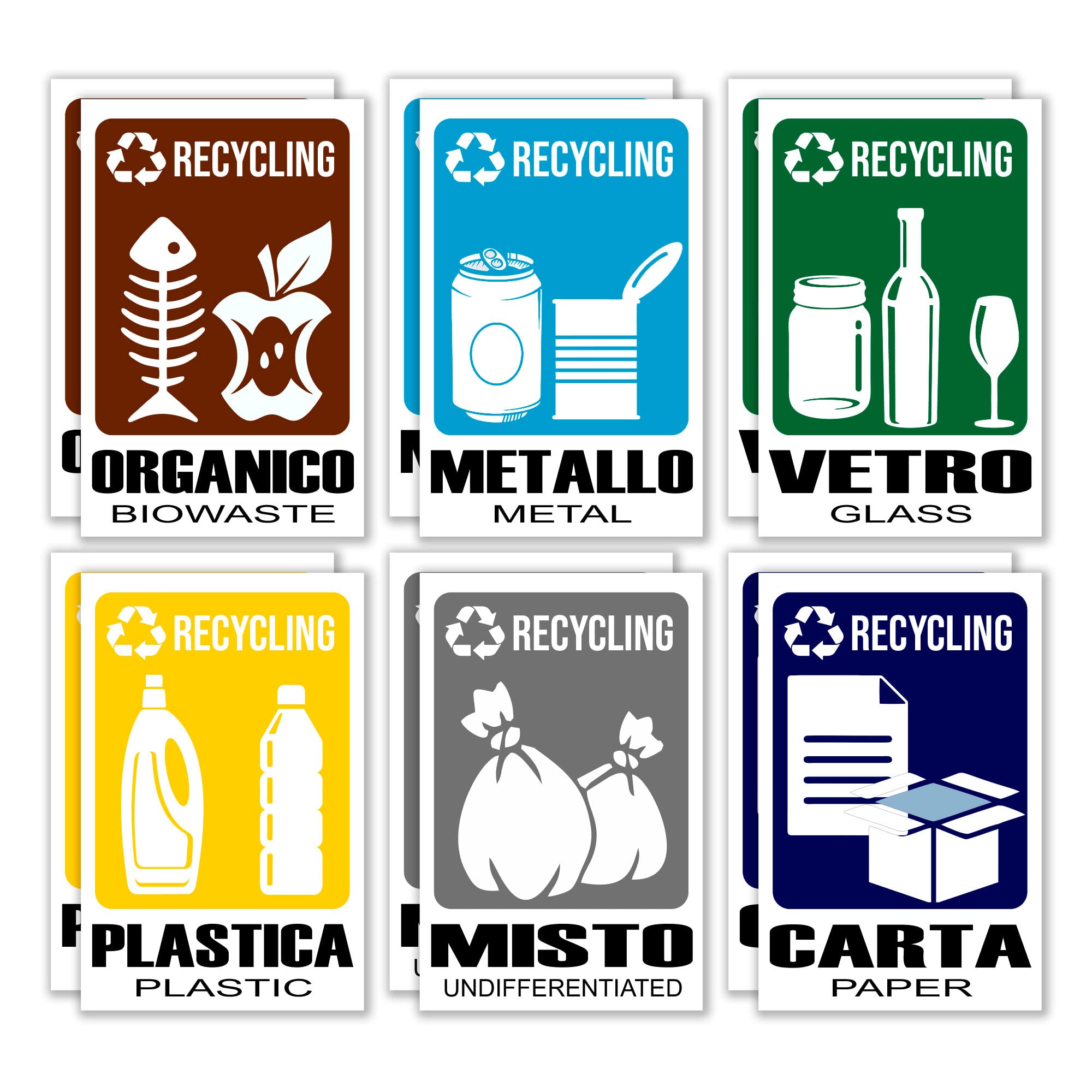 GamesMonkey® - Autocollants Collection Séparée Petit Recyclage Déchets Déchets V4 - Imperméable Lavable Drôle Enfants - Italien Anglais - Conforme à La Norme UNI 11686 (8,5 X 5,5 Cm, 12 Pièces