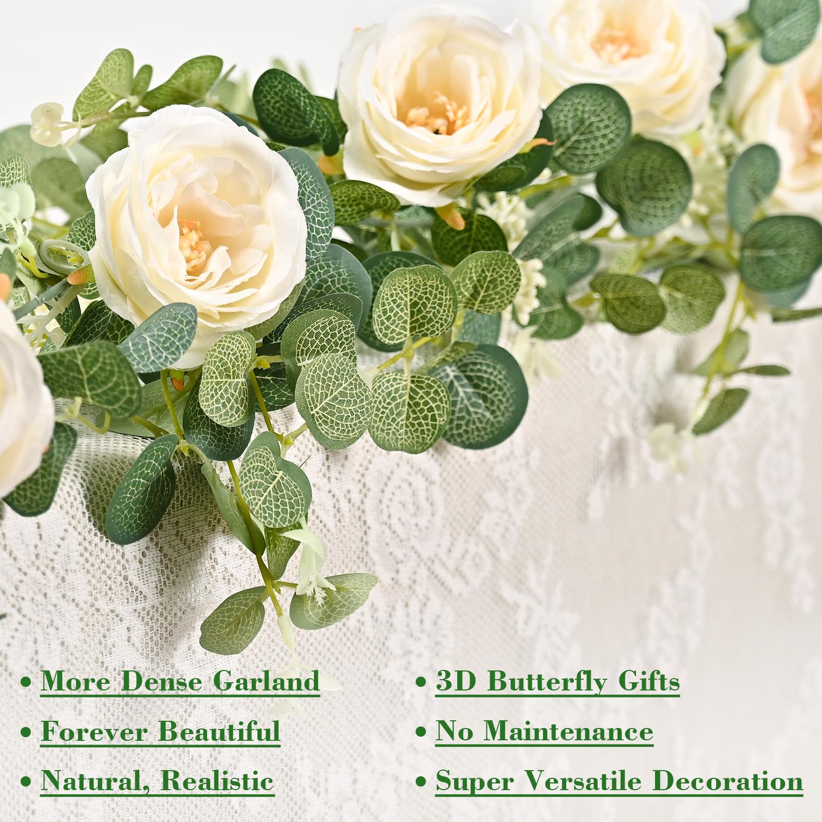 Yastouay 2Pcs 13.4Ft Flower Garland with Butterfly, Artificial Eucalyptus Garland with Champagne Flowers Fake Rose Camellia Vine Garland for Table Centerpiece Wedding Baby Shower Room Backdrop Decor
