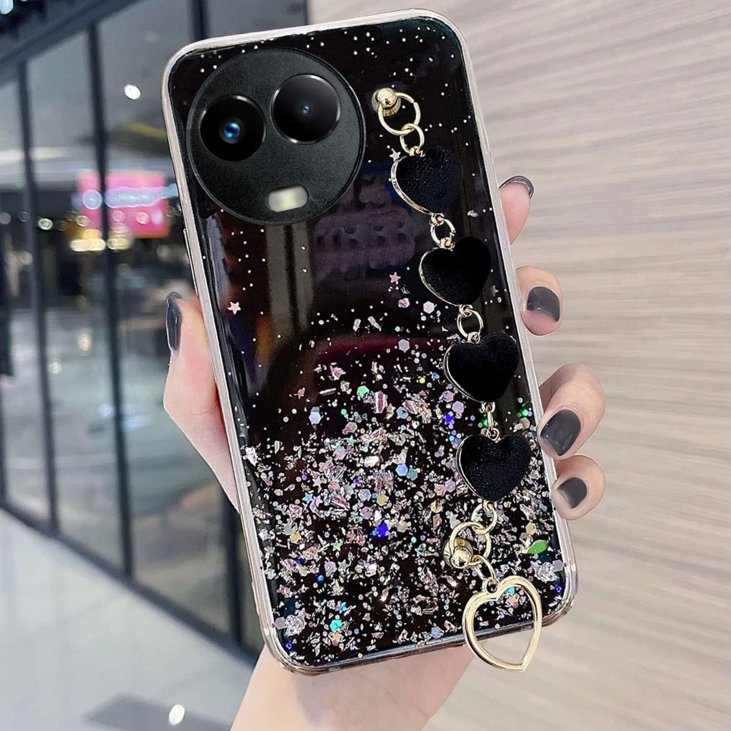 KC Back Cover for Realme 11X 5G, Realme 11 5G & Realme Narzo 60X - Dry Fixed Non Moving Glitters Luxury Shiny Fur Hearts Bracelet Chain Holder Soft Silicone Case (Black) (B0CPBJVBWR) Amazon Price History, Amazon Price Tracker
