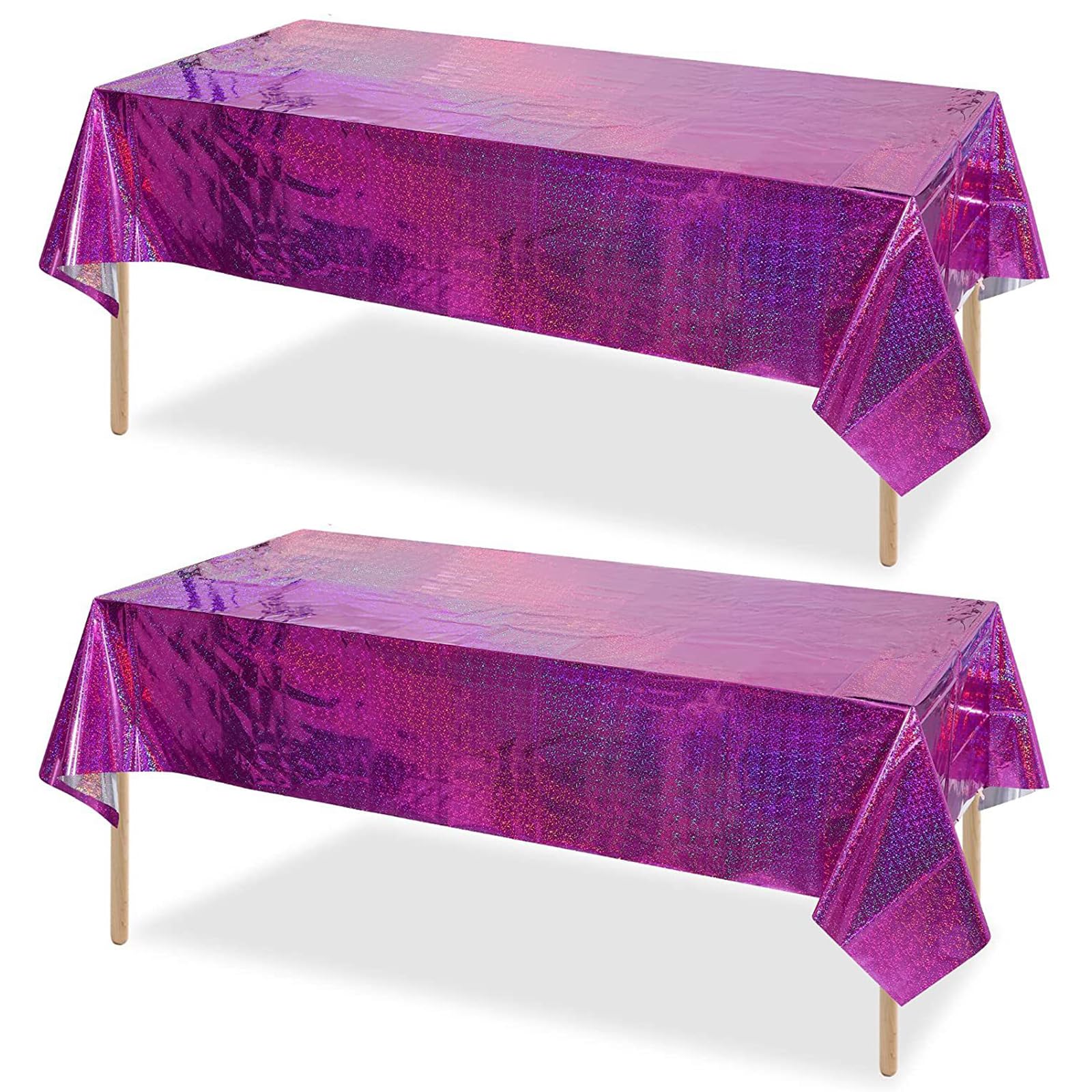 2 Pcs Rose Red Party Tablecloth Rectangle Holographic Laser Table Cloth Aluminium Dining Table Covers Hot Pink Picnic Waterproof Tablecovers for Indoor Outdoor Girl Birthday Wedding Party Decorations