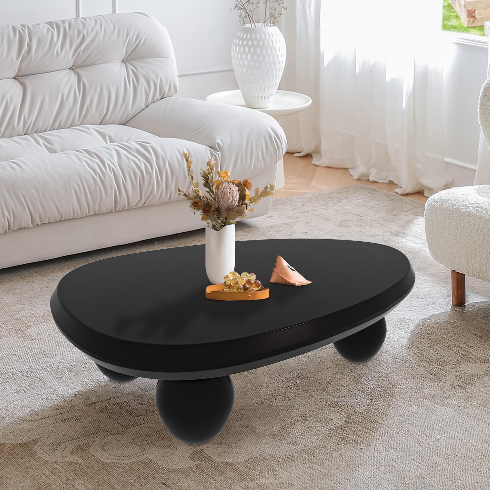 YYZIWYUNMid Century Oval Irregular Coffee Table Handcrafted with 3 Ball Legs Pedestal, Wooden Cloud-Shaped Tea Table, for Bedroom Appartment, Living Room,B,39.37in